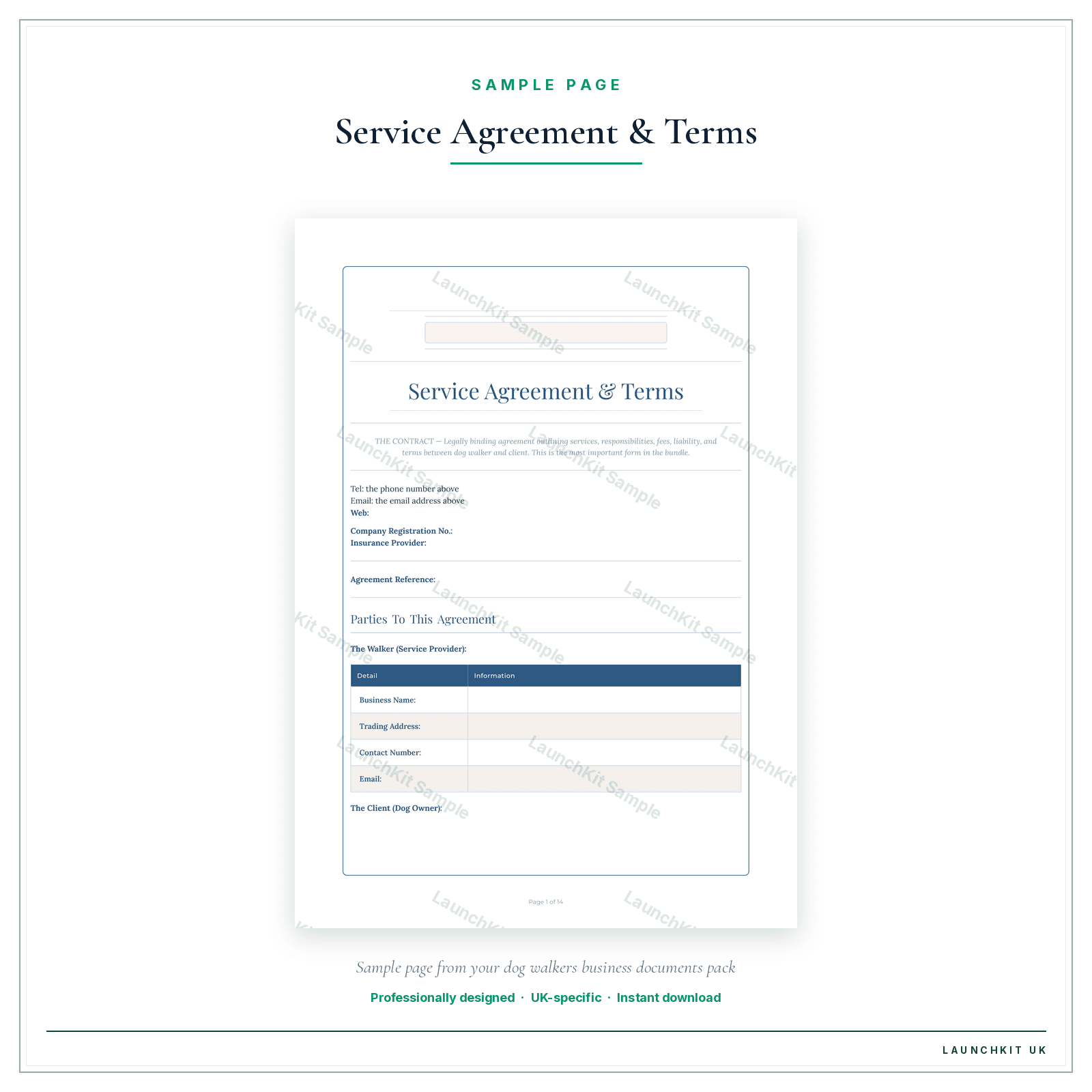 Service Agreement & Terms sample page from the Dog Walkers Business Documents — Essential pack — watermarked LaunchKit Sample