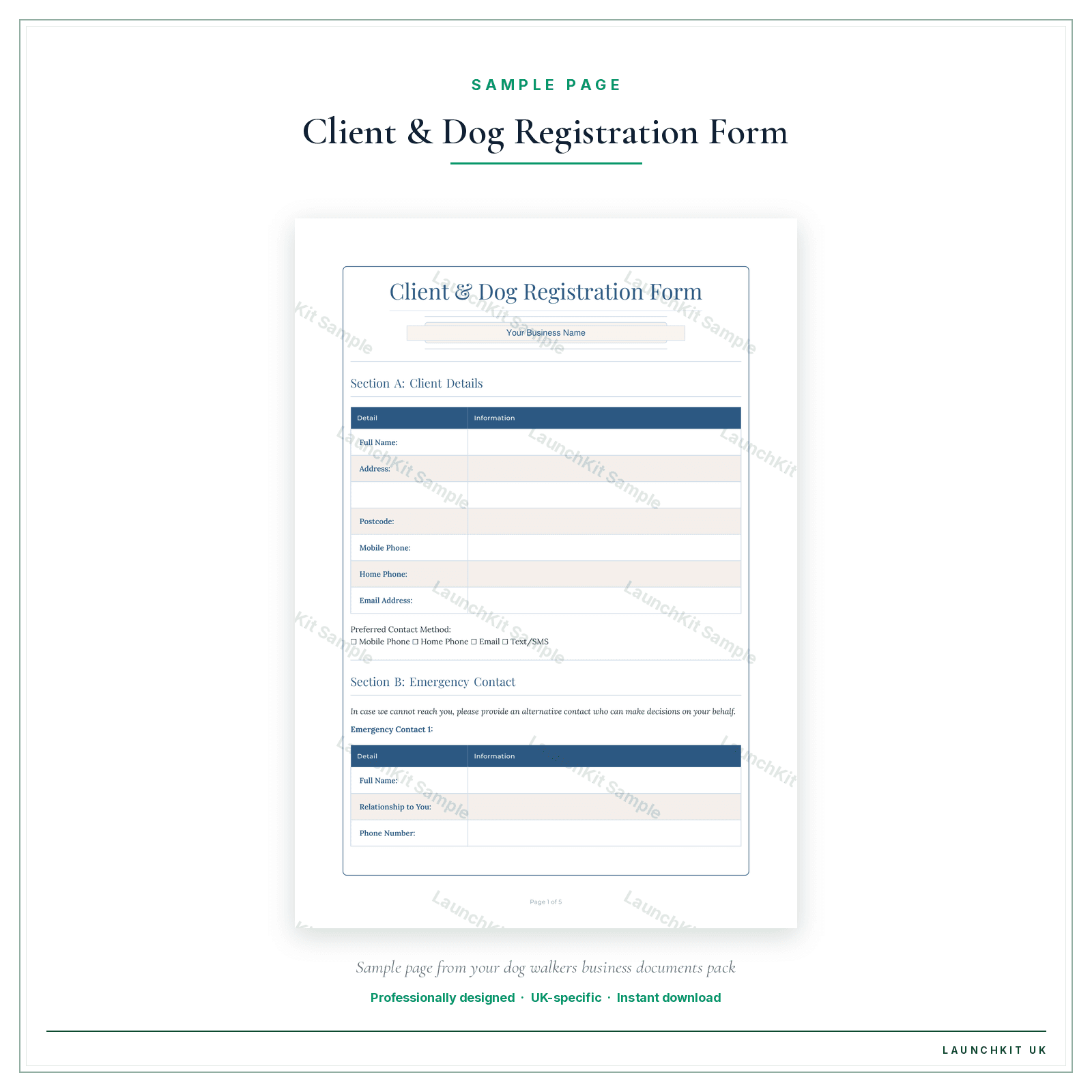 Client & Dog Registration Form sample page from the Dog Walkers Business Documents — Standard pack — watermarked LaunchKit Sample