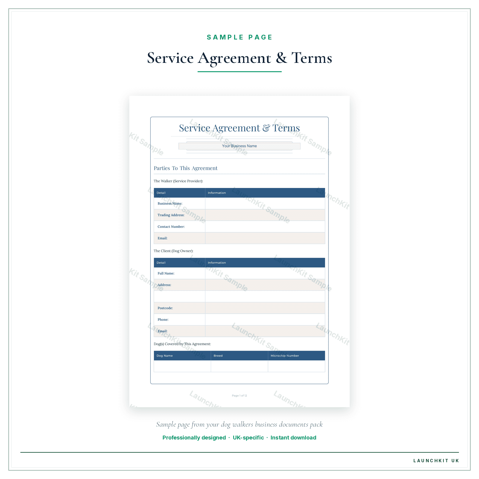 Service Agreement & Terms sample page from the Dog Walkers Business Documents — Standard pack — watermarked LaunchKit Sample