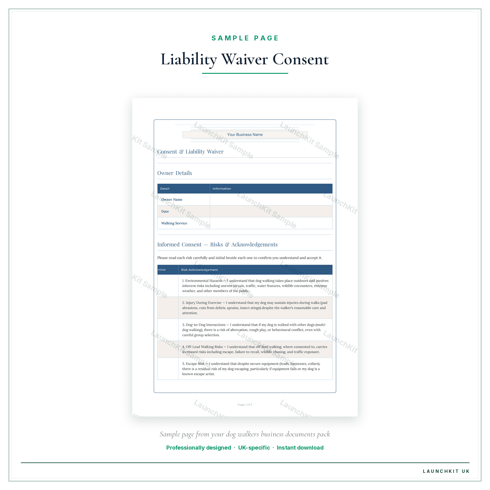 Liability Waiver Consent sample page from the Dog Walkers Business Documents — Standard pack — watermarked LaunchKit Sample