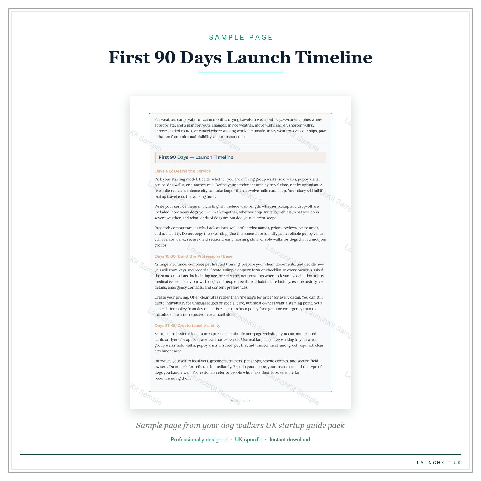 First 90 Days Launch Timeline sample page from the Dog Walkers Startup Guide pack — watermarked LaunchKit Sample