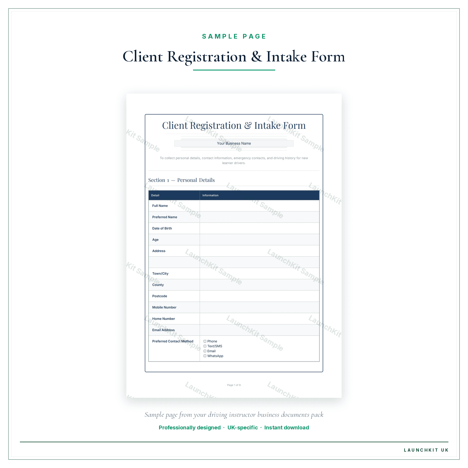 Client Registration & Intake Form sample page from the Driving Instructor Business Documents — Premium pack — watermarked LaunchKit Sample