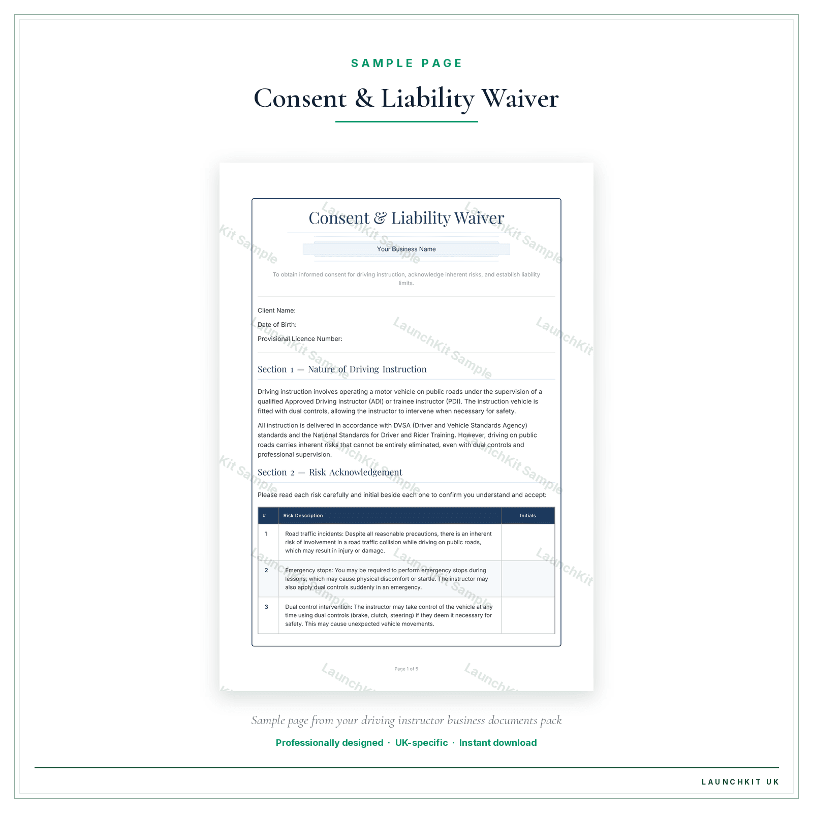 Consent & Liability Waiver sample page from the Driving Instructor Business Documents — Premium pack — watermarked LaunchKit Sample