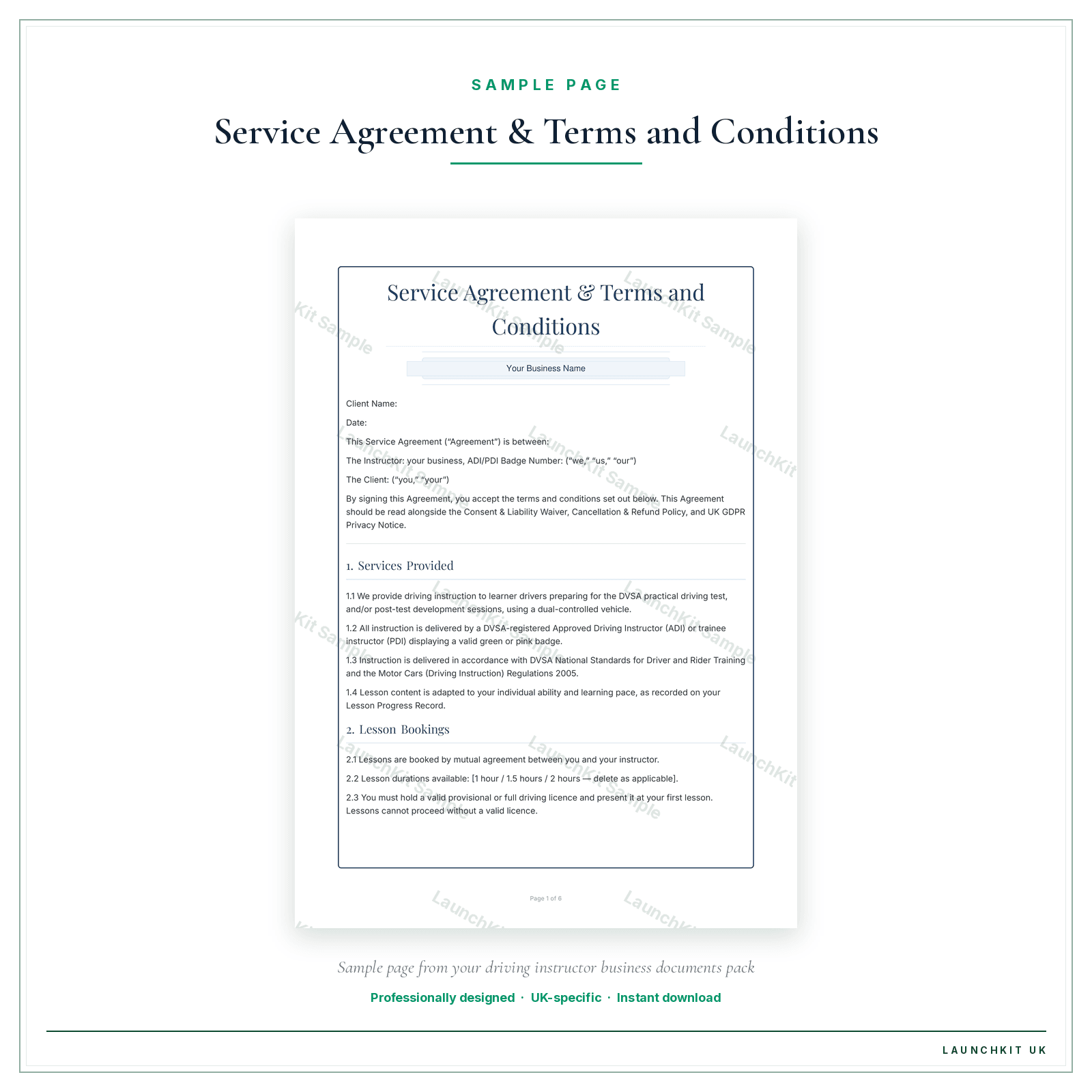 Service Agreement & Terms and Conditions sample page from the Driving Instructor Business Documents — Premium pack — watermarked LaunchKit Sample
