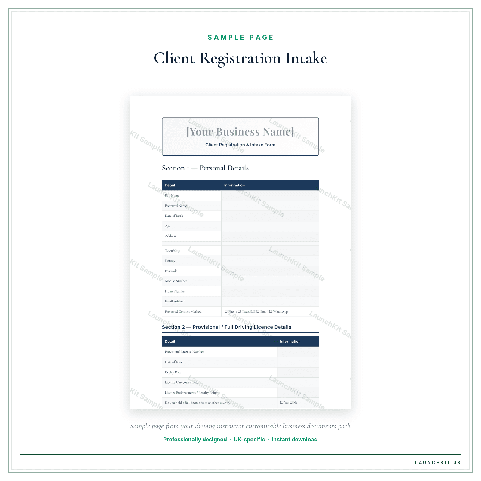 Client Registration & Intake Form sample page from the Driving Instructor Business Documents — Customisable pack — watermarked LaunchKit Sample