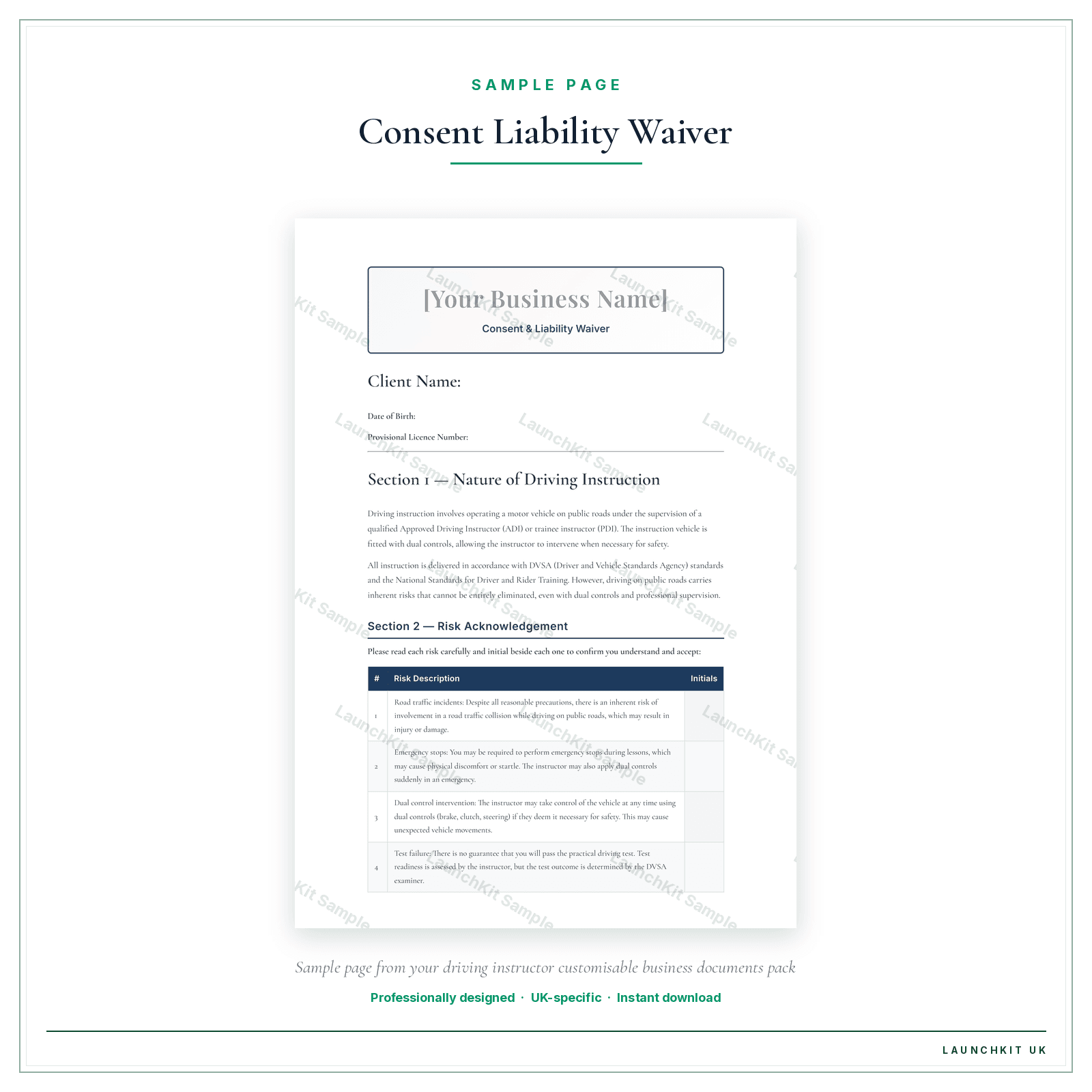 Consent & Liability Waiver sample page from the Driving Instructor Business Documents — Customisable pack — watermarked LaunchKit Sample