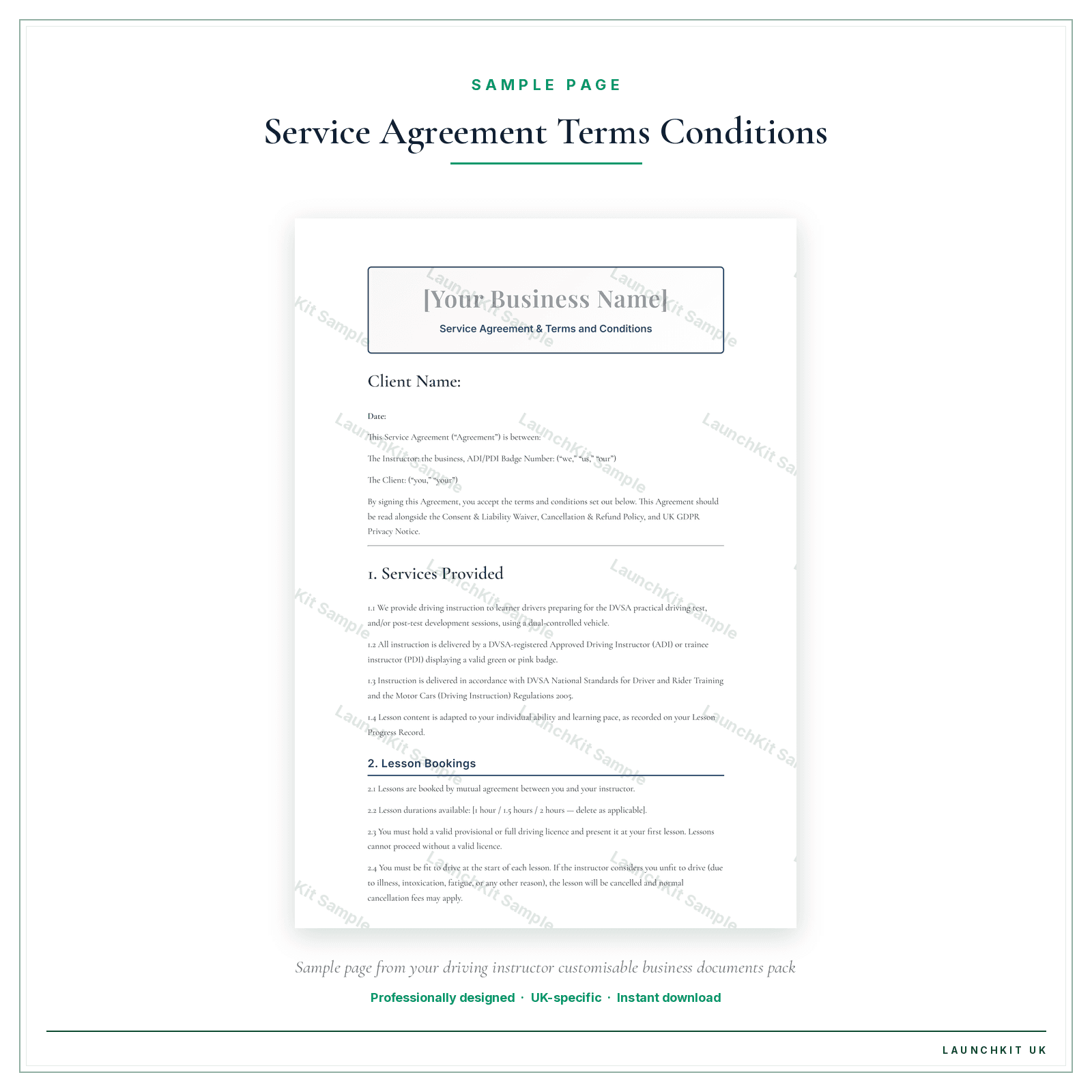 Service Agreement & Terms and Conditions sample page from the Driving Instructor Business Documents — Customisable pack — watermarked LaunchKit Sample