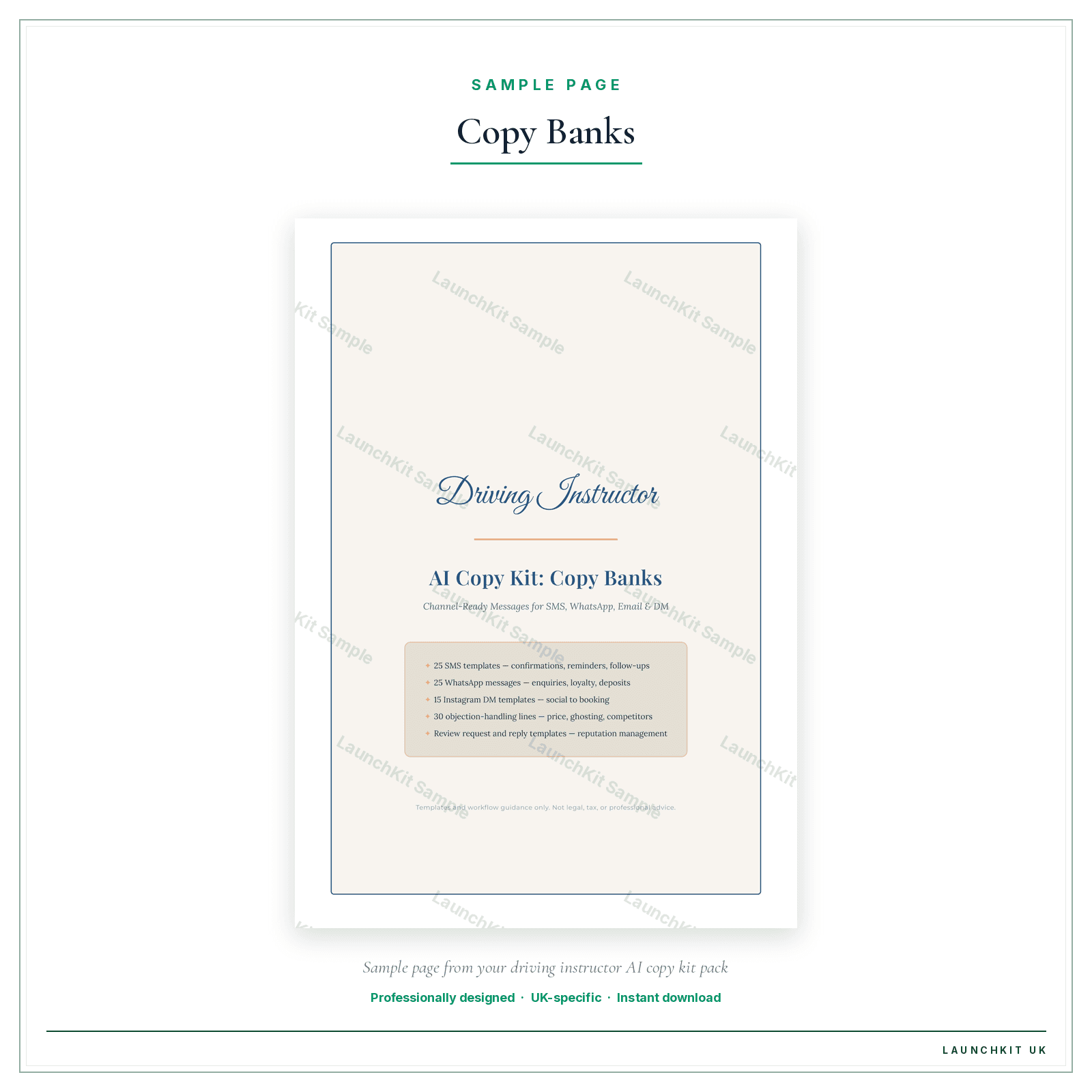 Copy Banks sample page from the Driving Instructor AI Copy Kit pack — watermarked LaunchKit Sample
