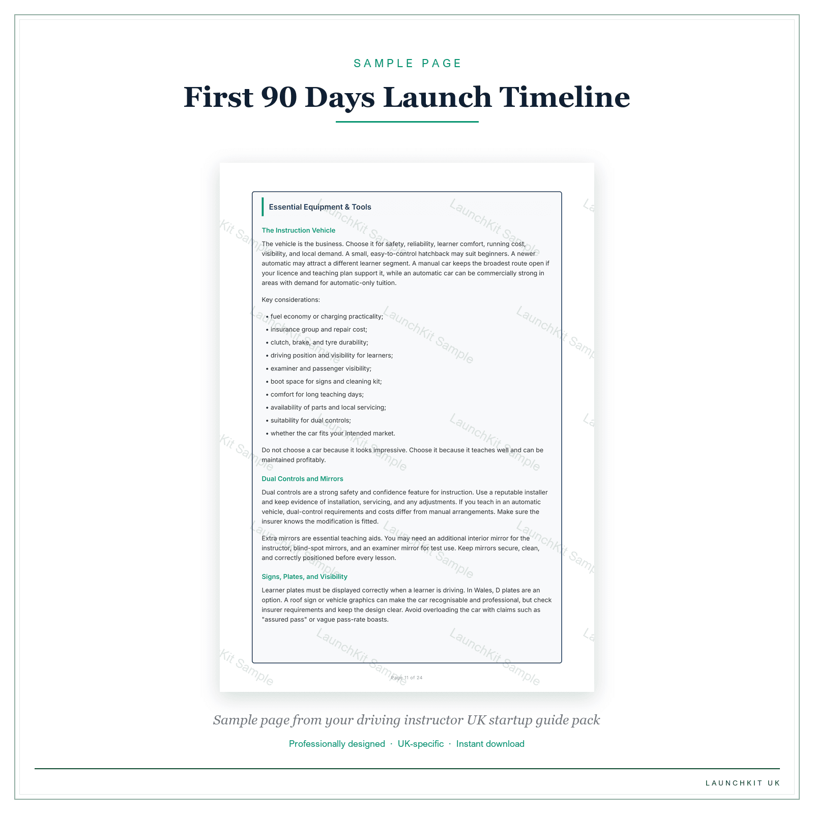 First 90 Days Launch Timeline sample page from the Driving Instructor Startup Guide pack — watermarked LaunchKit Sample