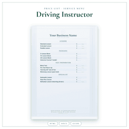 Driving Instructor — Price List & Service Menu, PDF product preview