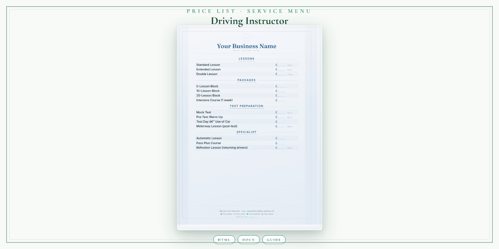 Driving Instructor — Price List & Service Menu, PDF product overview