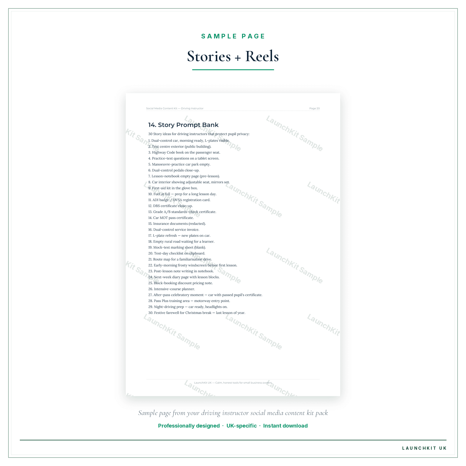 Stories + Reels sample page from the Driving Instructor Social Media Content Kit pack — watermarked LaunchKit Sample