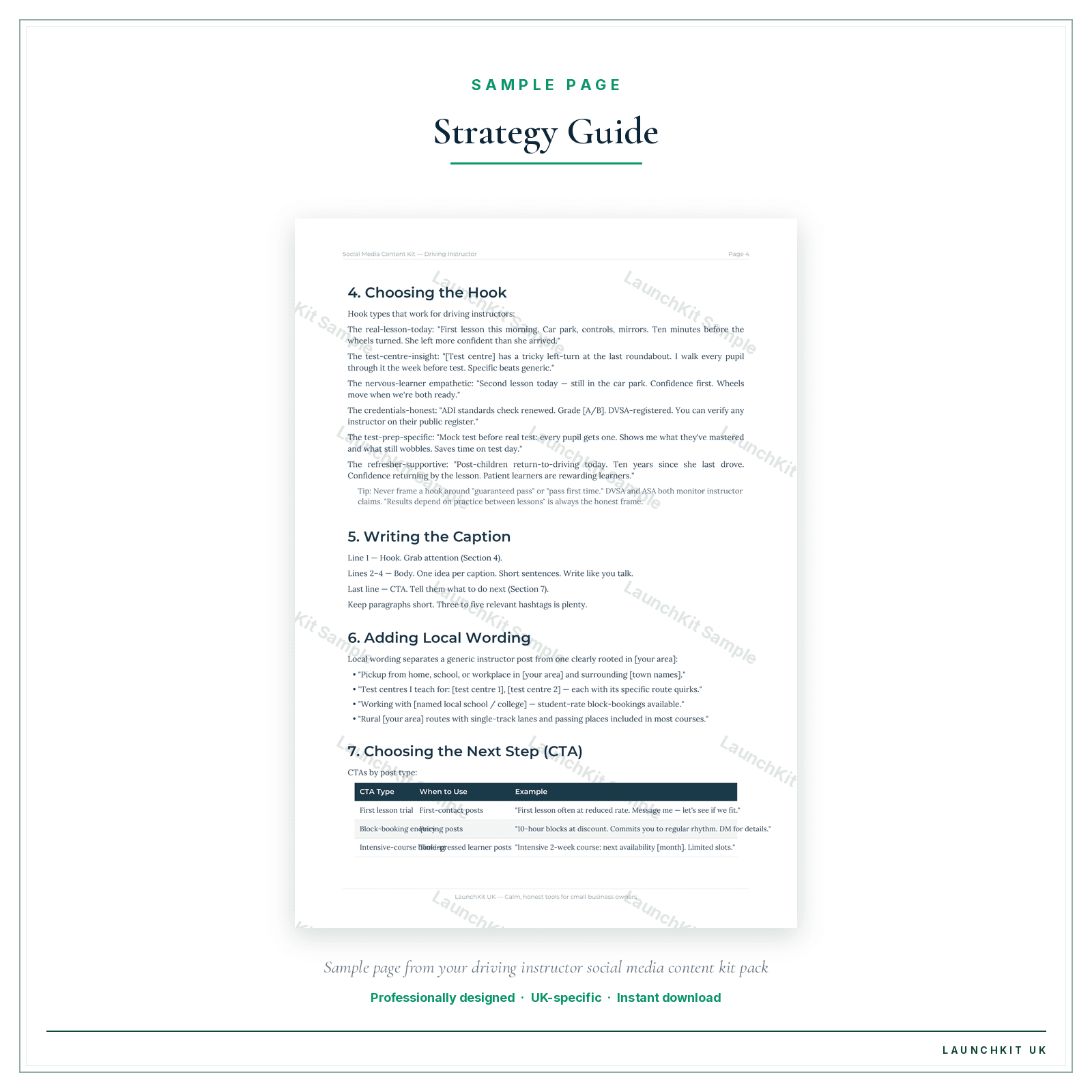 Strategy Guide sample page from the Driving Instructor Social Media Content Kit pack — watermarked LaunchKit Sample