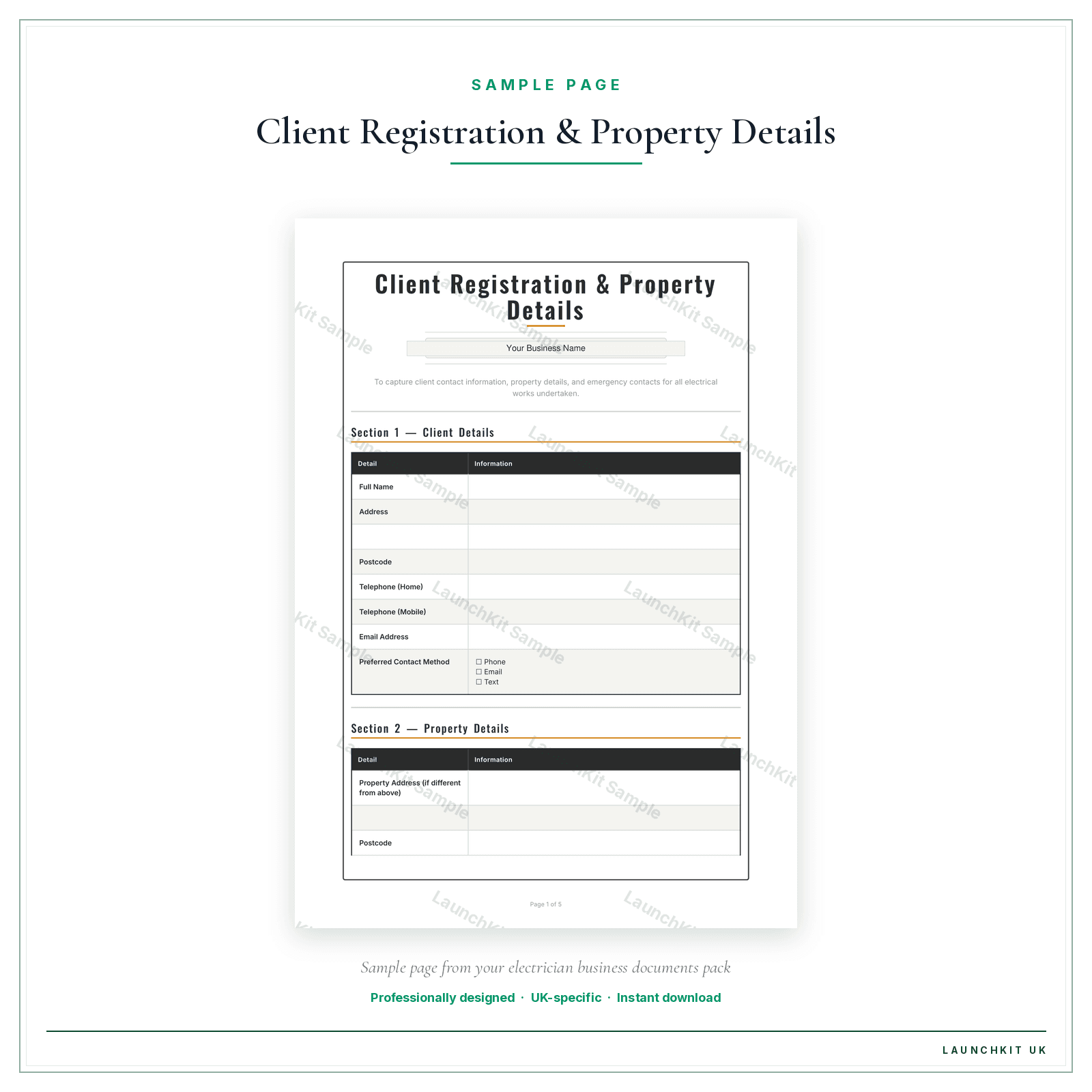 Client Registration & Property Details sample page from the Electrician Business Documents — Premium pack — watermarked LaunchKit Sample