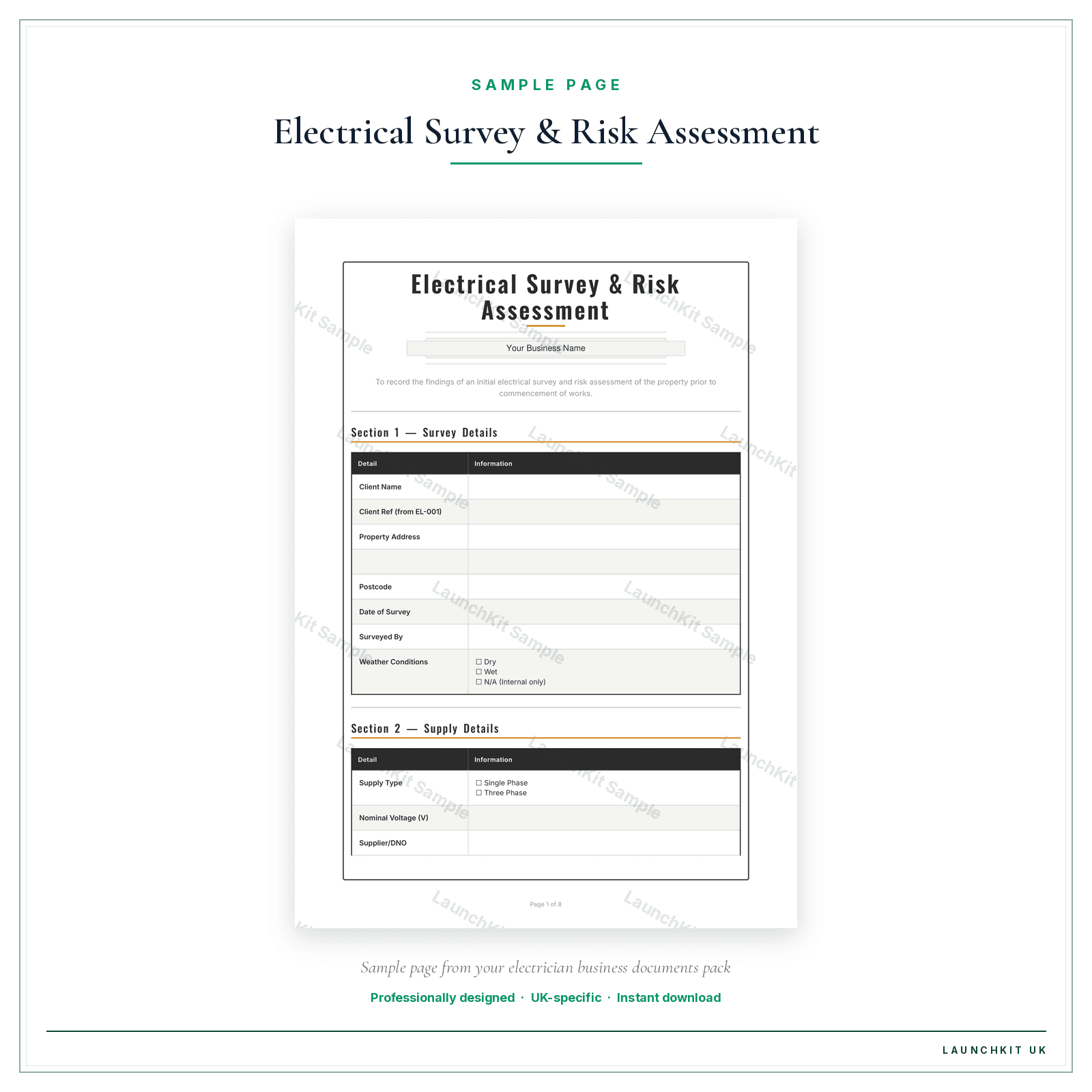 Electrical Survey & Risk Assessment sample page from the Electrician Business Documents — Premium pack — watermarked LaunchKit Sample