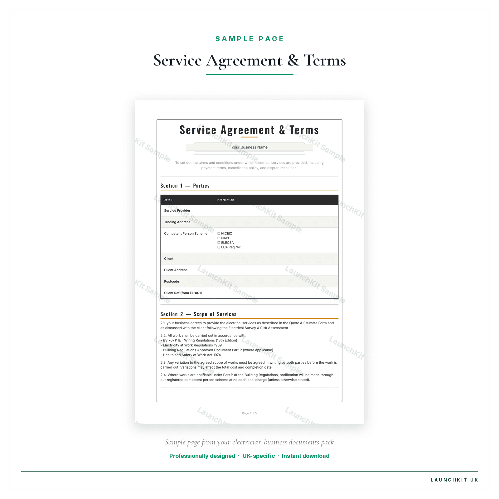 Service Agreement & Terms sample page from the Electrician Business Documents — Premium pack — watermarked LaunchKit Sample