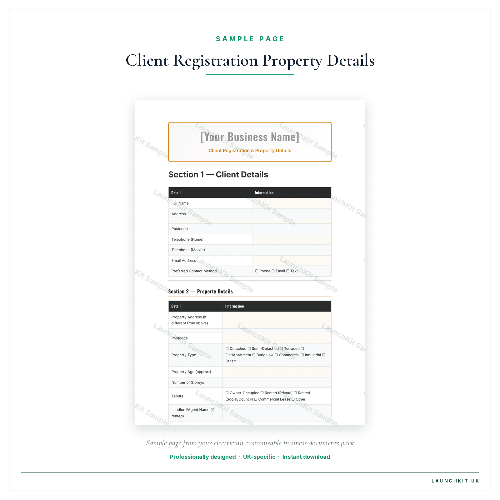 Client Registration & Property Details sample page from the Electrician Business Documents — Customisable pack — watermarked LaunchKit Sample