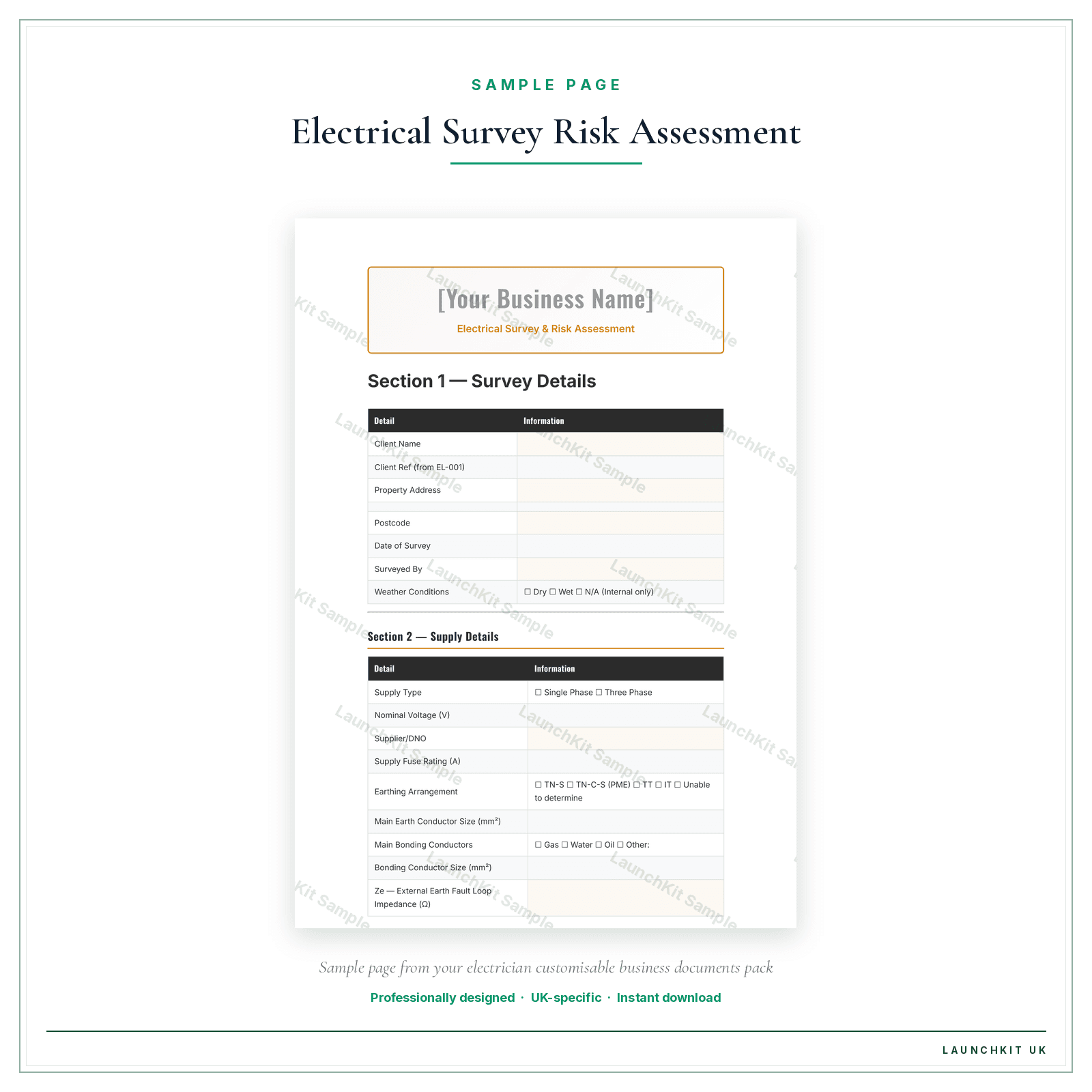 Electrical Survey & Risk Assessment sample page from the Electrician Business Documents — Customisable pack — watermarked LaunchKit Sample