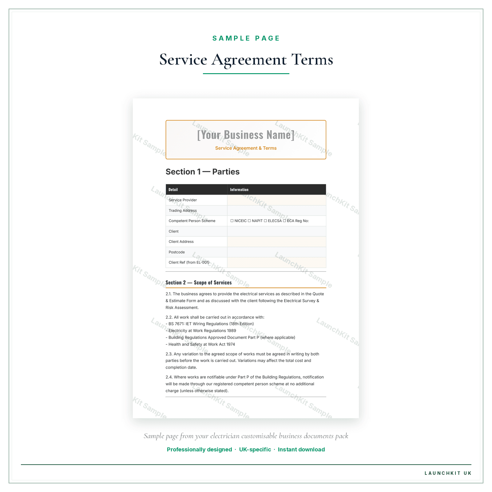 Service Agreement & Terms sample page from the Electrician Business Documents — Customisable pack — watermarked LaunchKit Sample