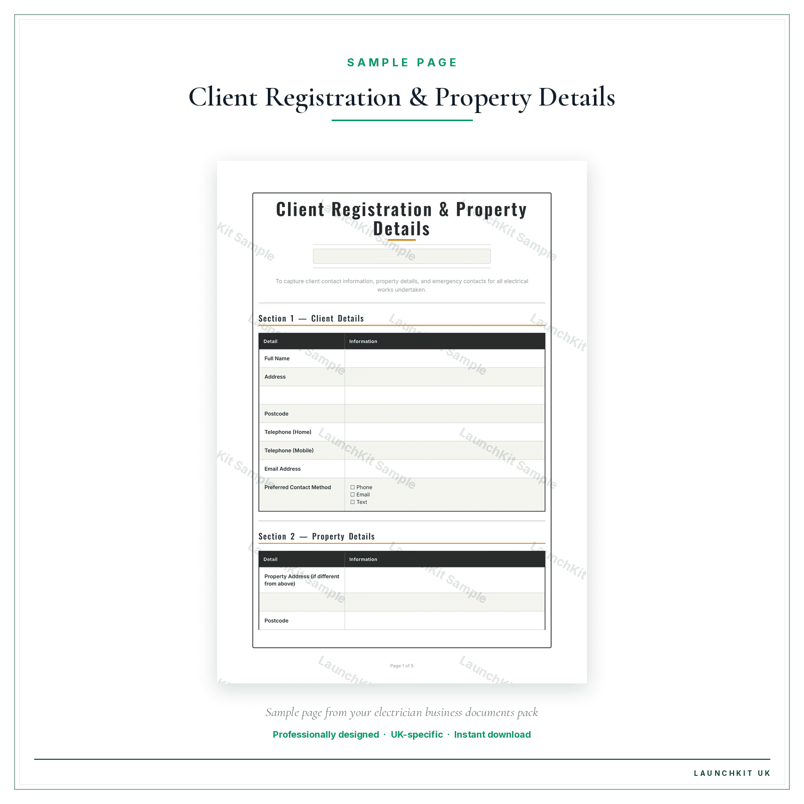 Client Registration & Property Details sample page from the Electrician Business Documents — Essential pack — watermarked LaunchKit Sample