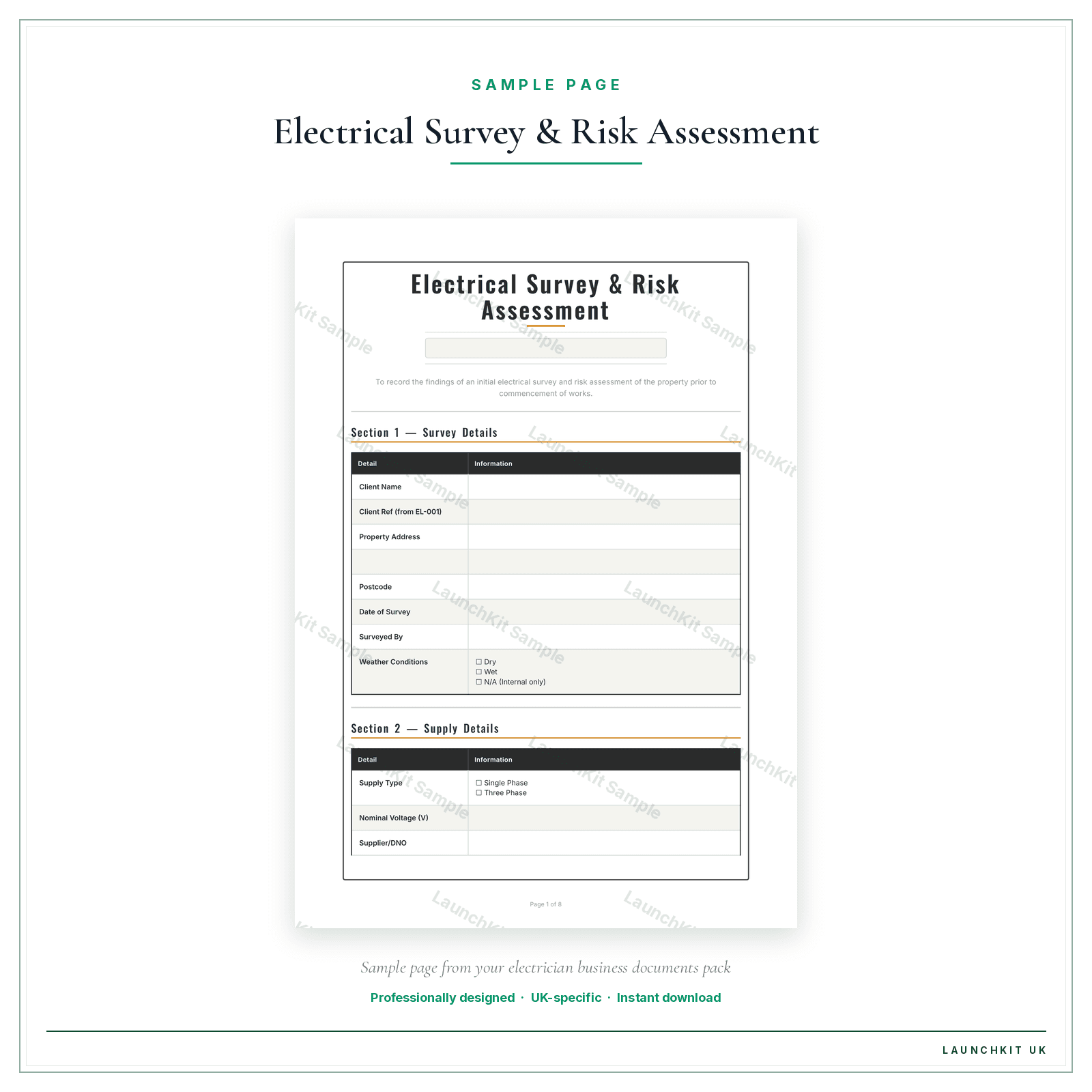 Electrical Survey & Risk Assessment sample page from the Electrician Business Documents — Essential pack — watermarked LaunchKit Sample