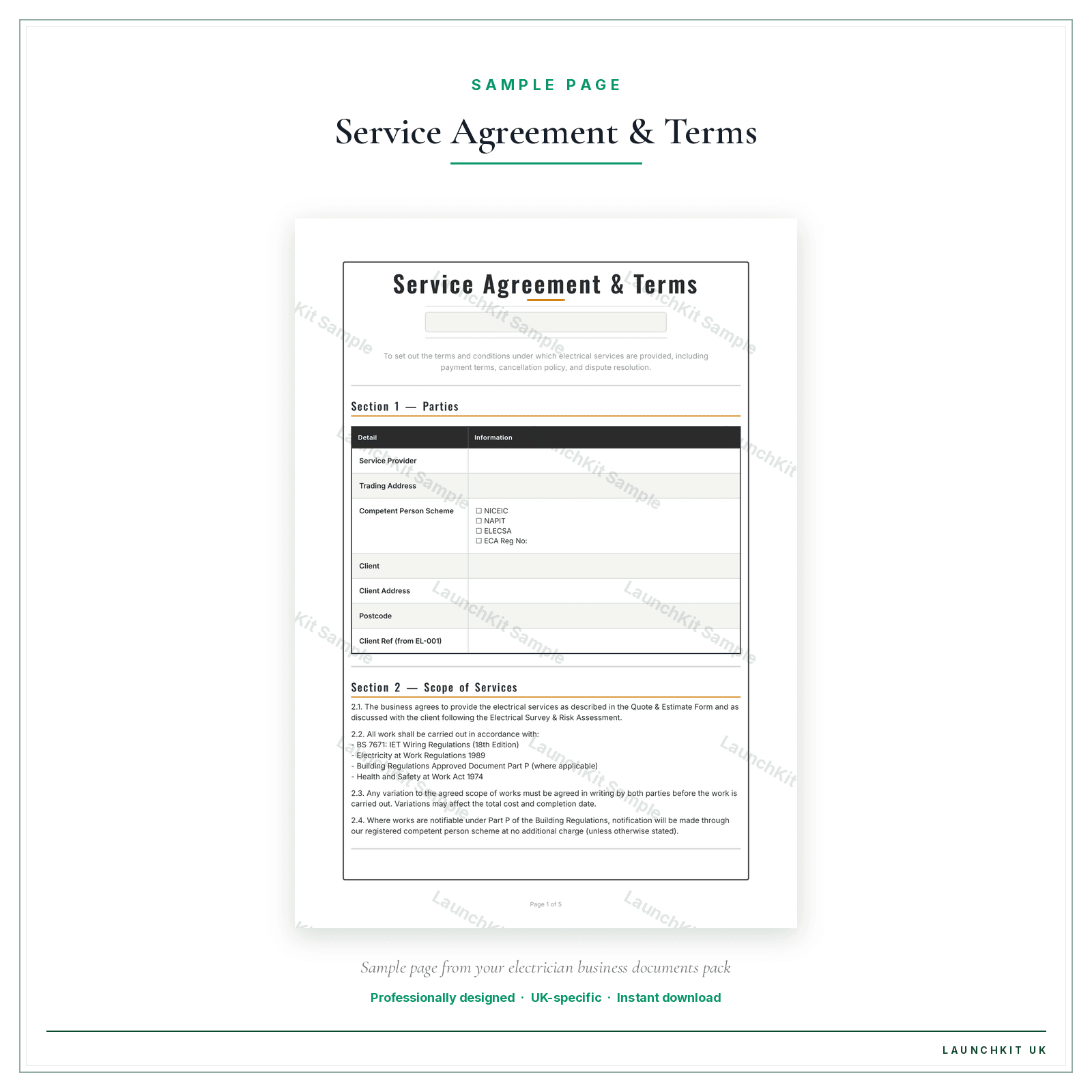 Service Agreement & Terms sample page from the Electrician Business Documents — Standard pack — watermarked LaunchKit Sample