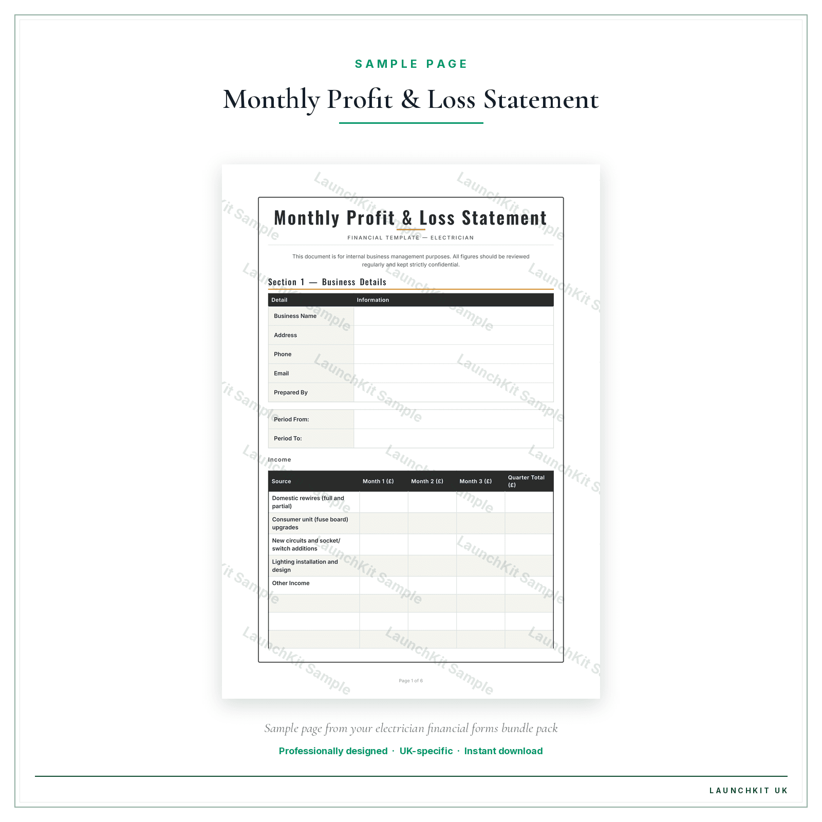 Monthly Profit & Loss Statement sample page from the Electrician Financial Forms Bundle — Standard pack — watermarked LaunchKit Sample