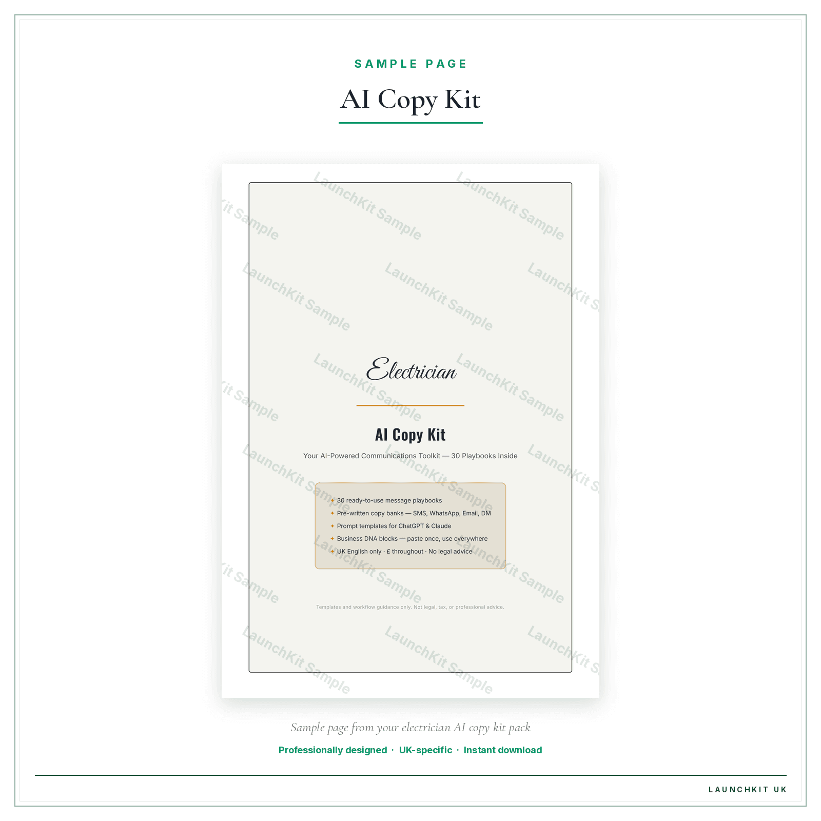 AI Copy Kit sample page from the Electrician AI Copy Kit pack — watermarked LaunchKit Sample