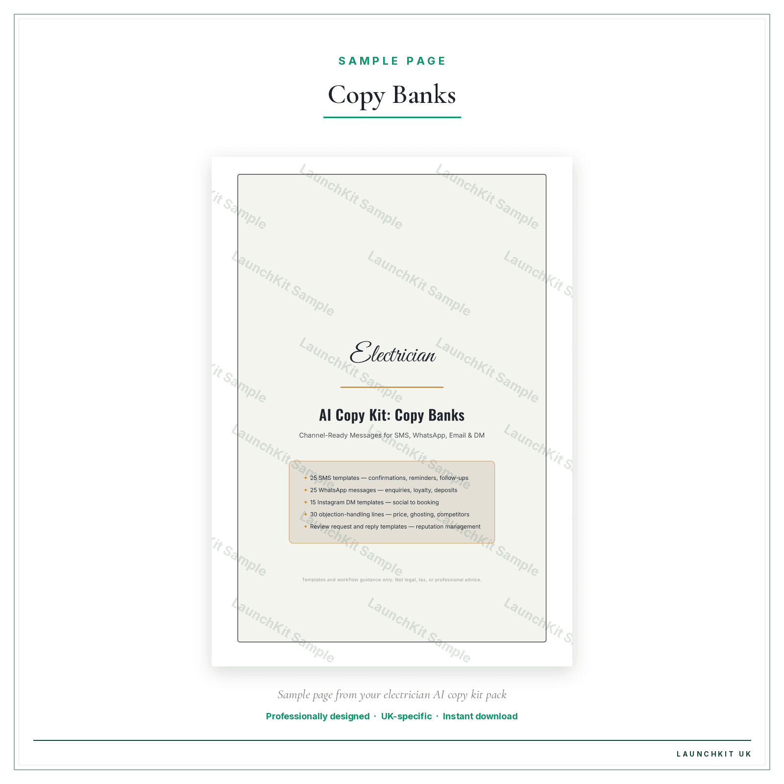 Copy Banks sample page from the Electrician AI Copy Kit pack — watermarked LaunchKit Sample