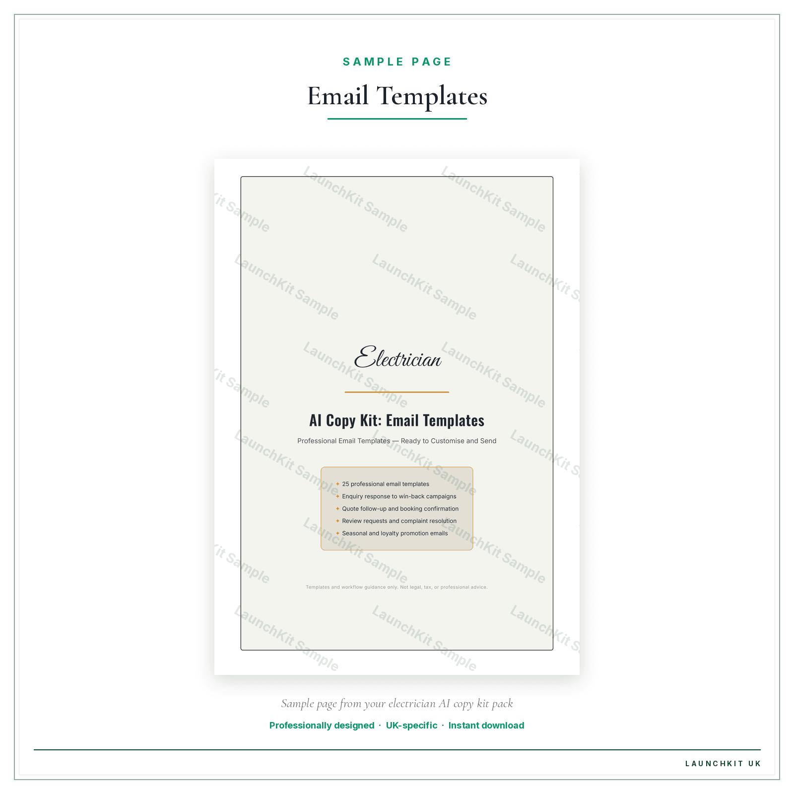 Email Templates sample page from the Electrician AI Copy Kit pack — watermarked LaunchKit Sample