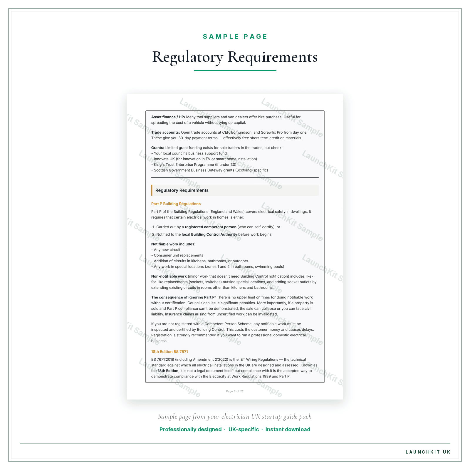 Regulatory Requirements sample page from the Electrician Startup Guide pack — watermarked LaunchKit Sample