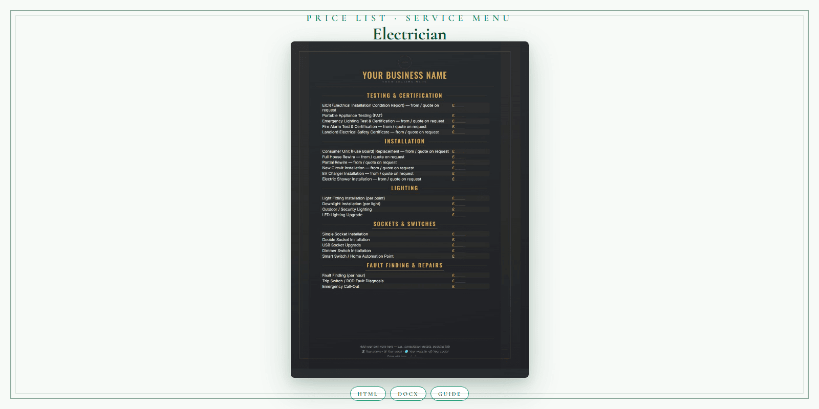 Electrician — Price List & Service Menu, PDF product overview