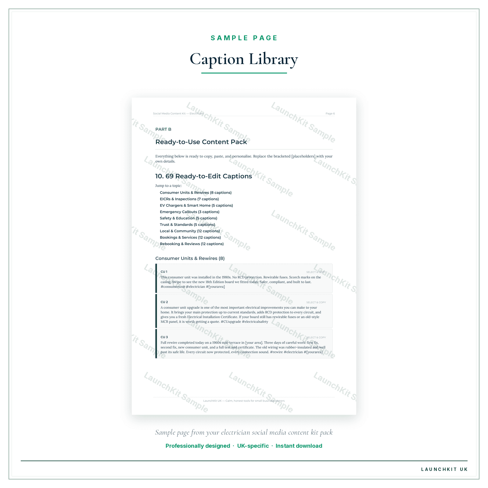 Caption Library sample page from the Electrician Social Media Content Kit pack — watermarked LaunchKit Sample