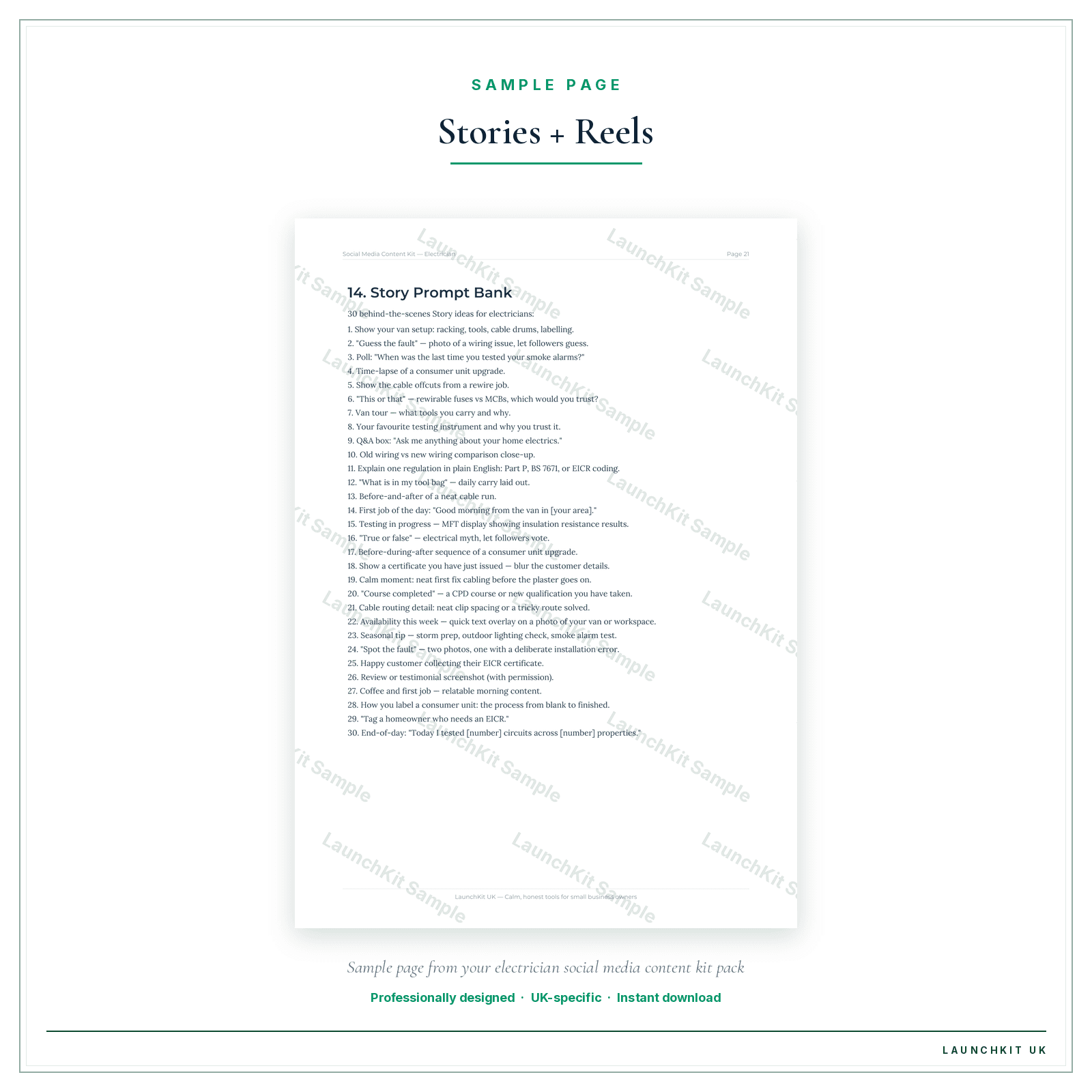 Stories + Reels sample page from the Electrician Social Media Content Kit pack — watermarked LaunchKit Sample