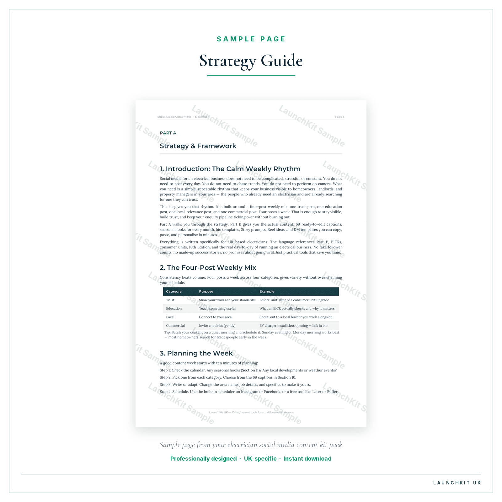Strategy Guide sample page from the Electrician Social Media Content Kit pack — watermarked LaunchKit Sample