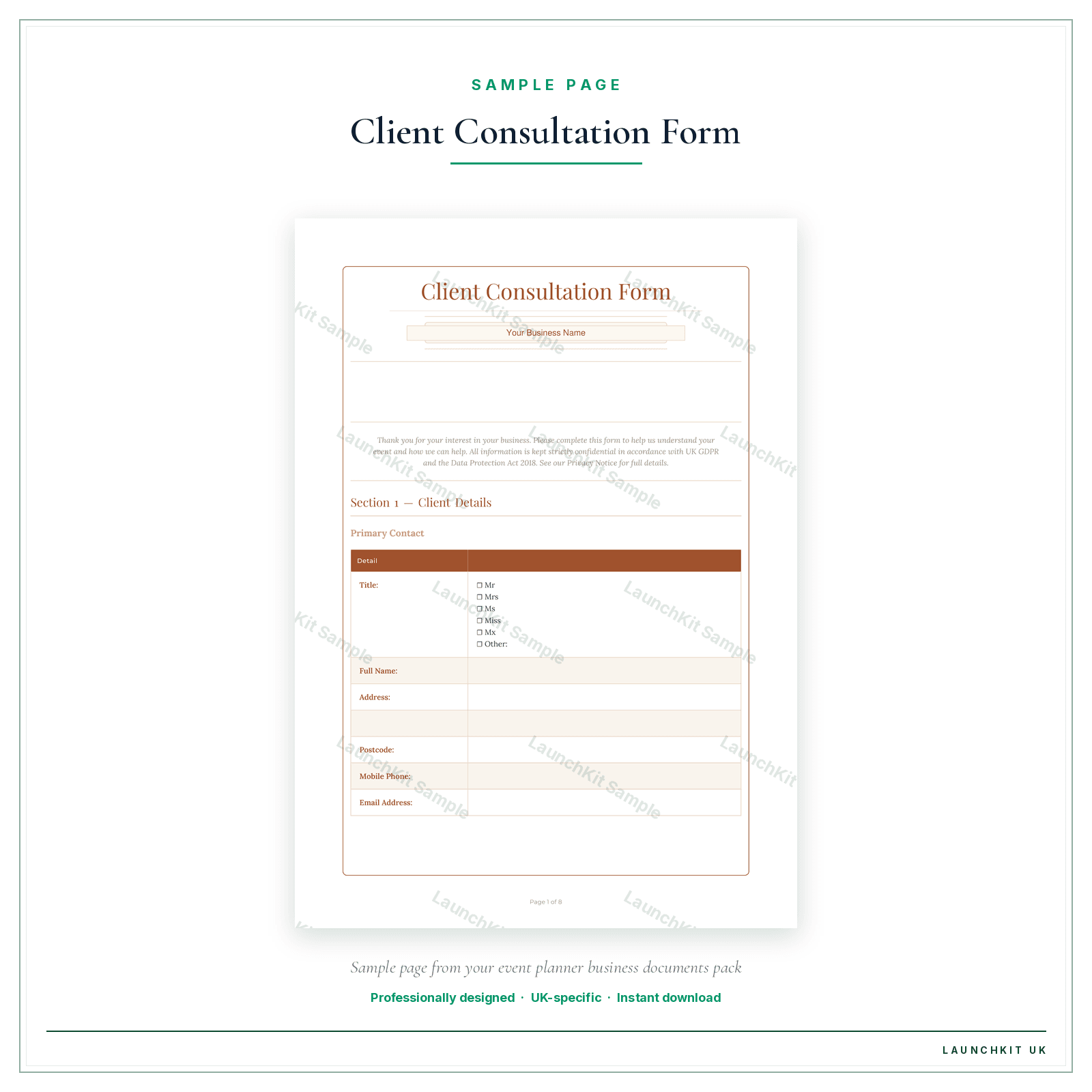Client Consultation Form sample page from the Event Planner Business Documents — Premium pack — watermarked LaunchKit Sample