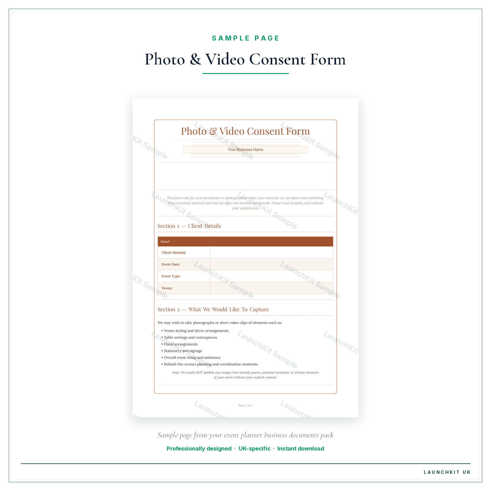 Photo & Video Consent Form sample page from the Event Planner Business Documents — Premium pack — watermarked LaunchKit Sample
