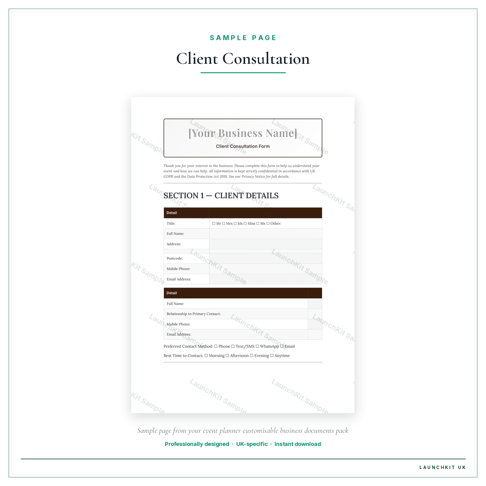 Client Consultation Form sample page from the Event Planner Business Documents — Customisable pack — watermarked LaunchKit Sample