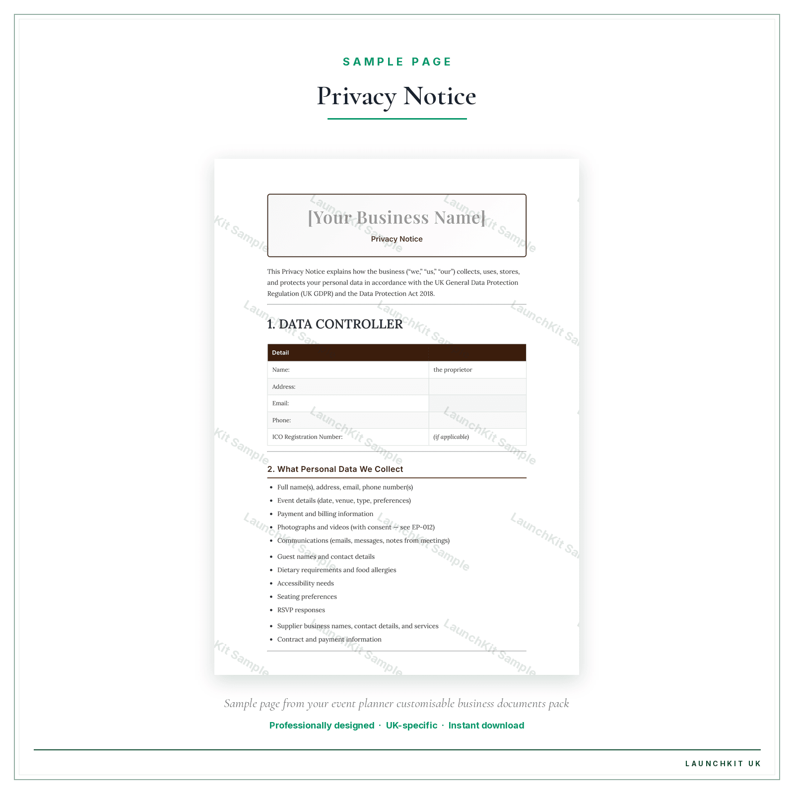 Privacy Notice sample page from the Event Planner Business Documents — Customisable pack — watermarked LaunchKit Sample