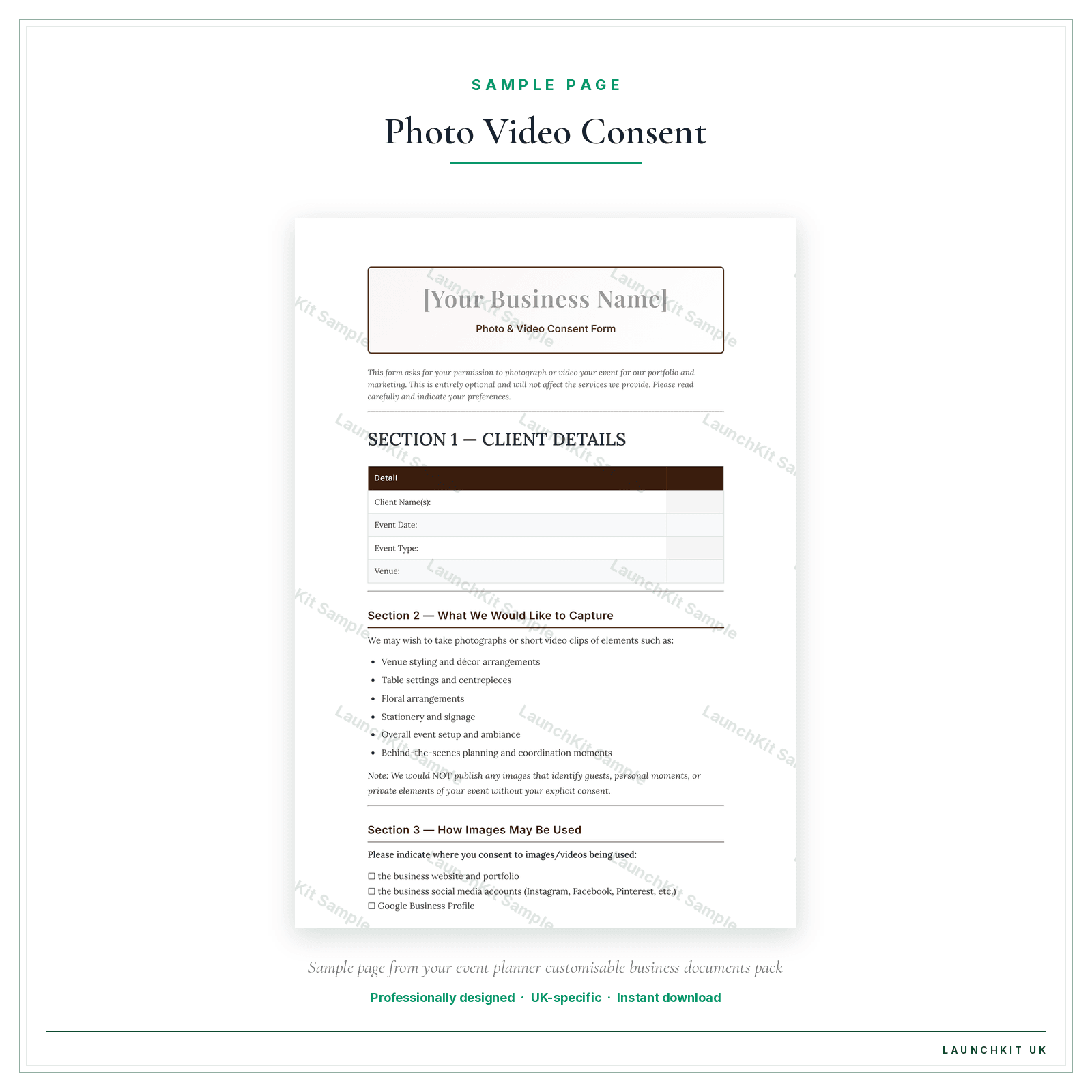 Photo & Video Consent Form sample page from the Event Planner Business Documents — Customisable pack — watermarked LaunchKit Sample
