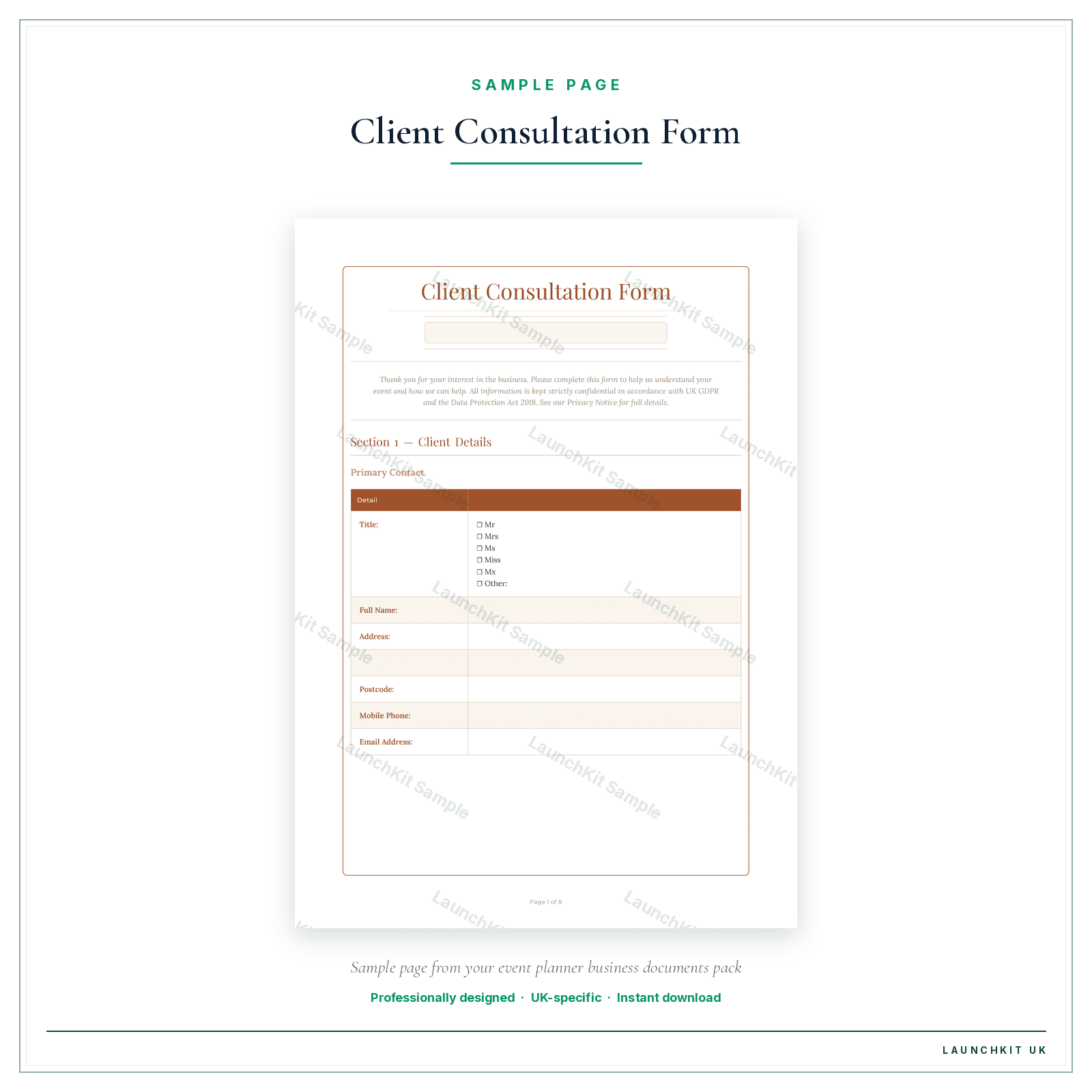 Client Consultation Form sample page from the Event Planner Business Documents — Essential pack — watermarked LaunchKit Sample