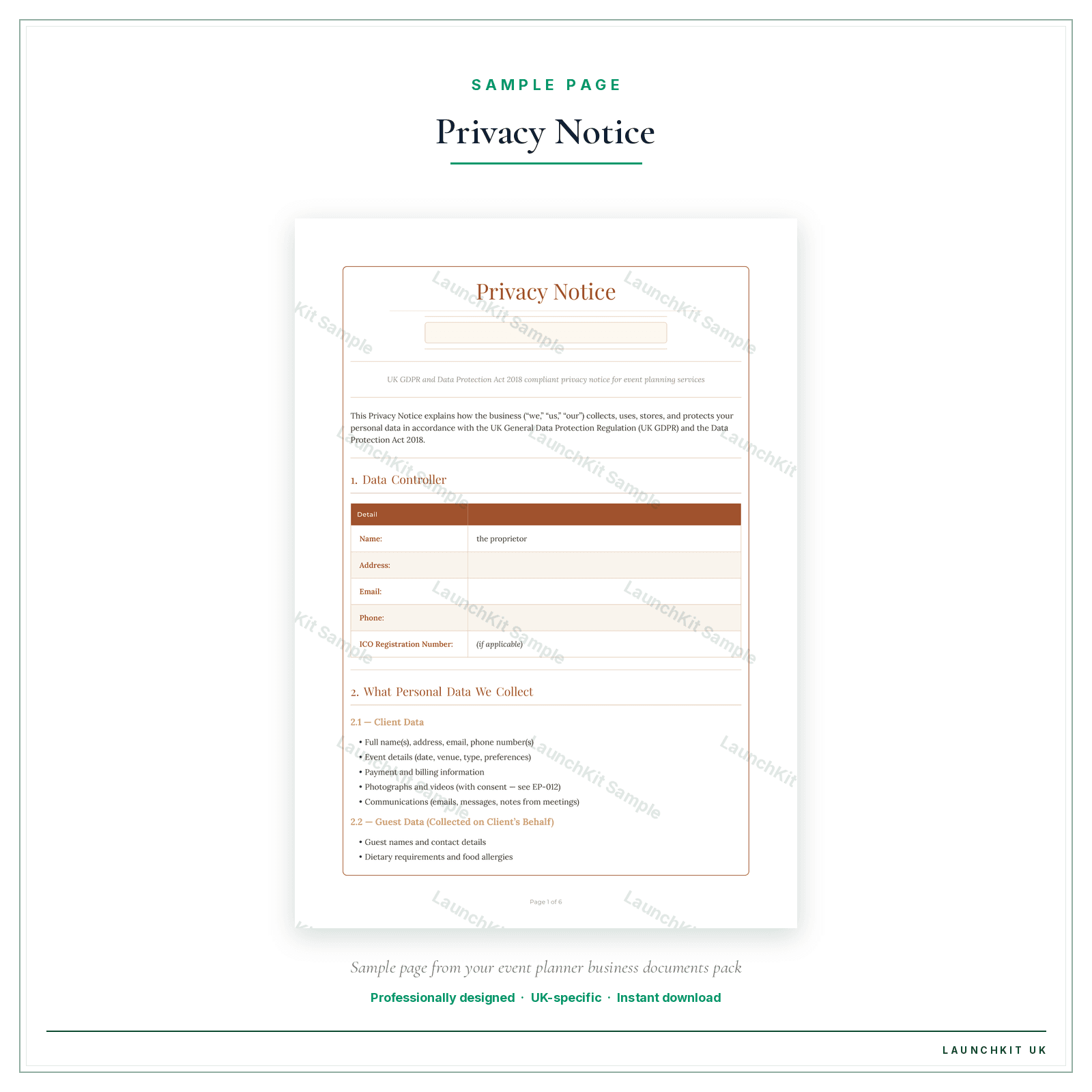 Privacy Notice sample page from the Event Planner Business Documents — Essential pack — watermarked LaunchKit Sample