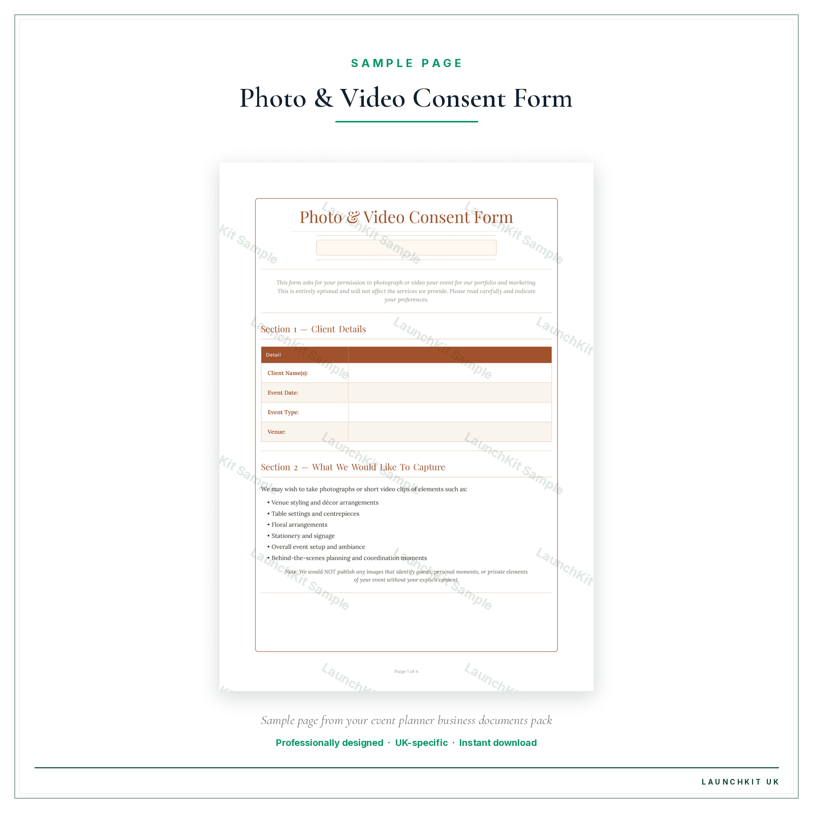 Photo & Video Consent Form sample page from the Event Planner Business Documents — Essential pack — watermarked LaunchKit Sample