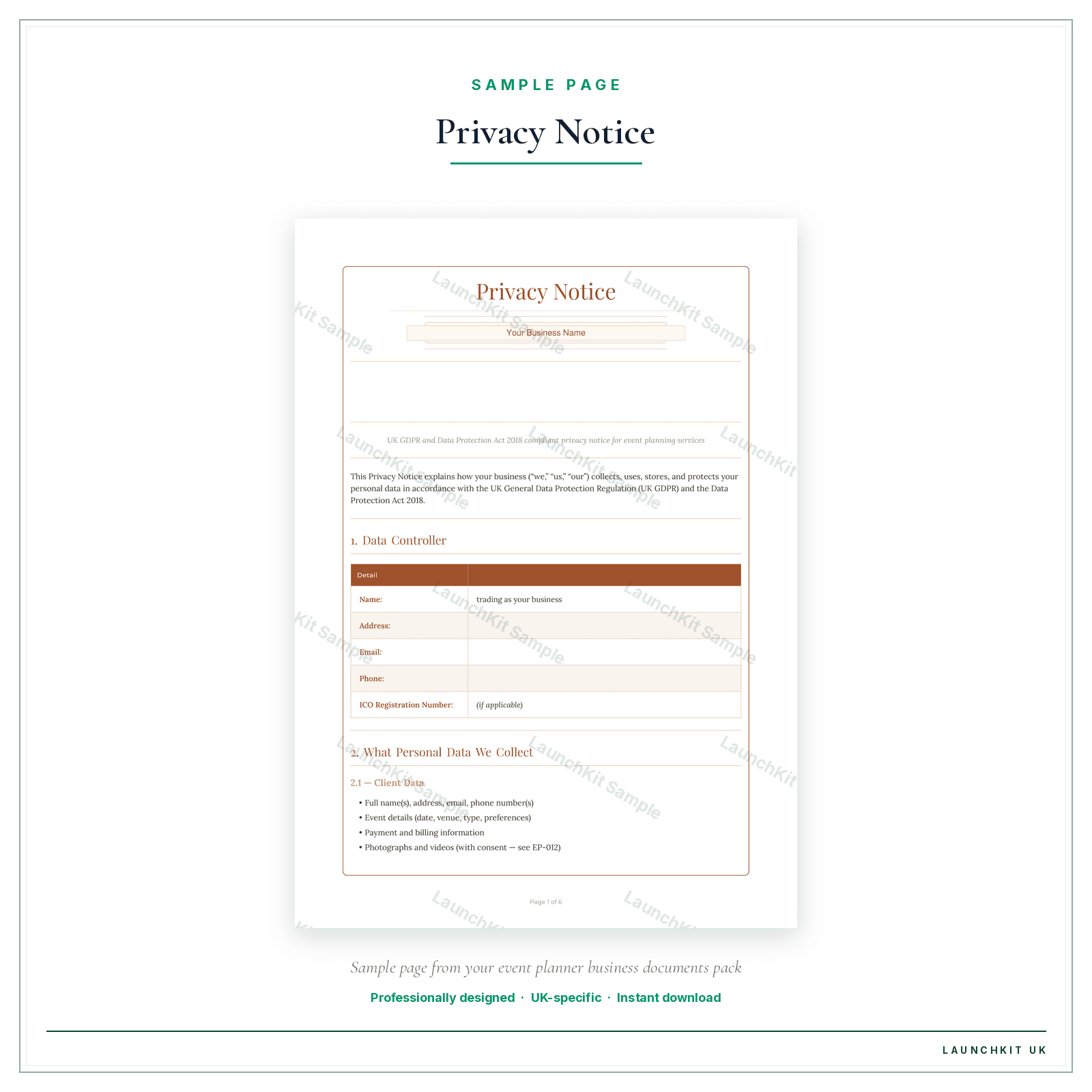 Privacy Notice sample page from the Event Planner Business Documents — Standard pack — watermarked LaunchKit Sample
