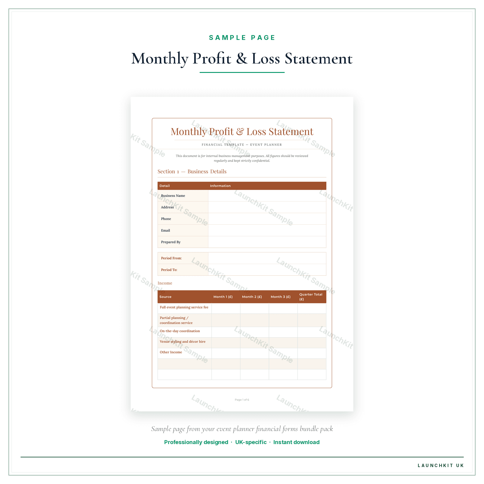 Monthly Profit & Loss Statement sample page from the Event Planner Financial Forms Bundle — Premium pack — watermarked LaunchKit Sample