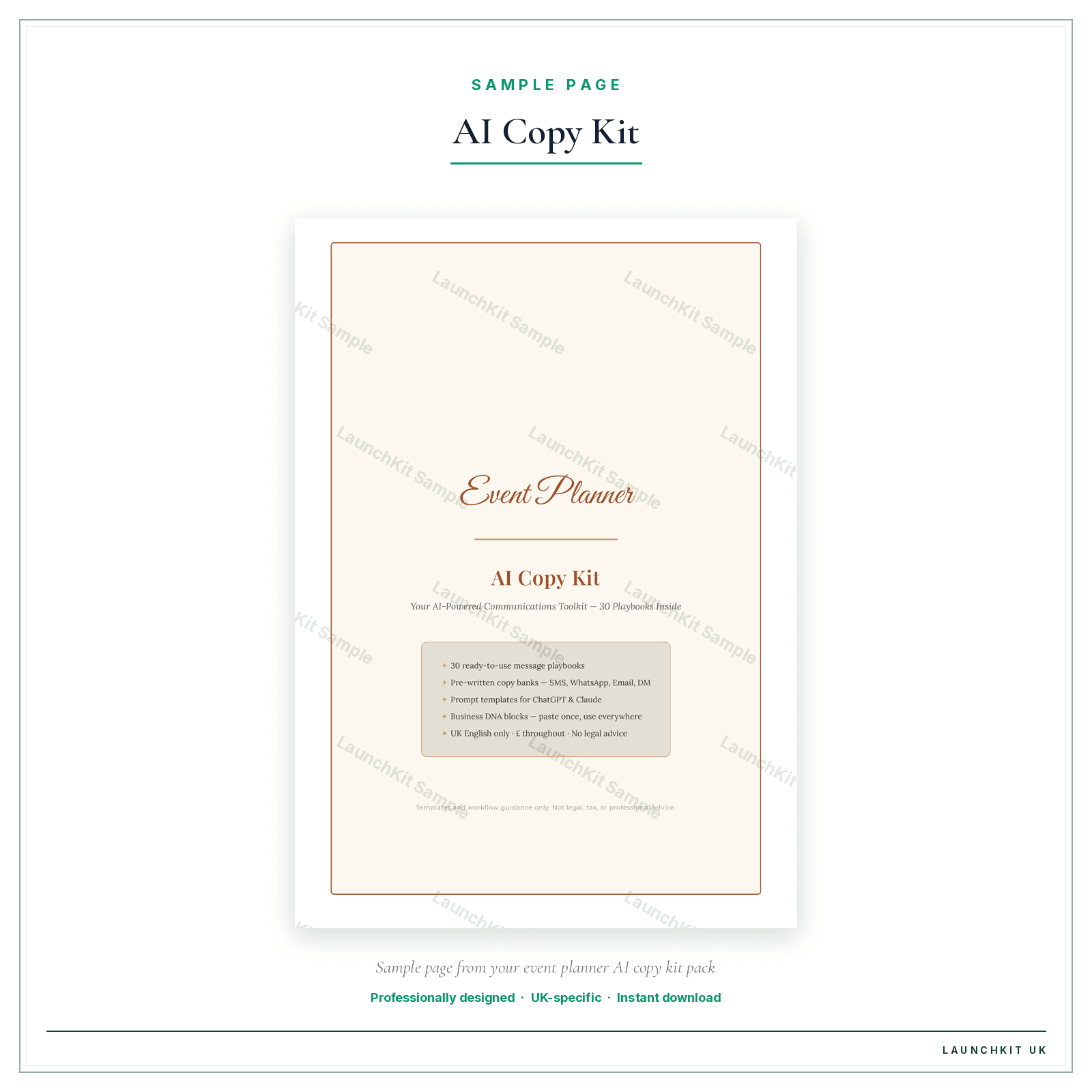 AI Copy Kit sample page from the Event Planner AI Copy Kit pack — watermarked LaunchKit Sample