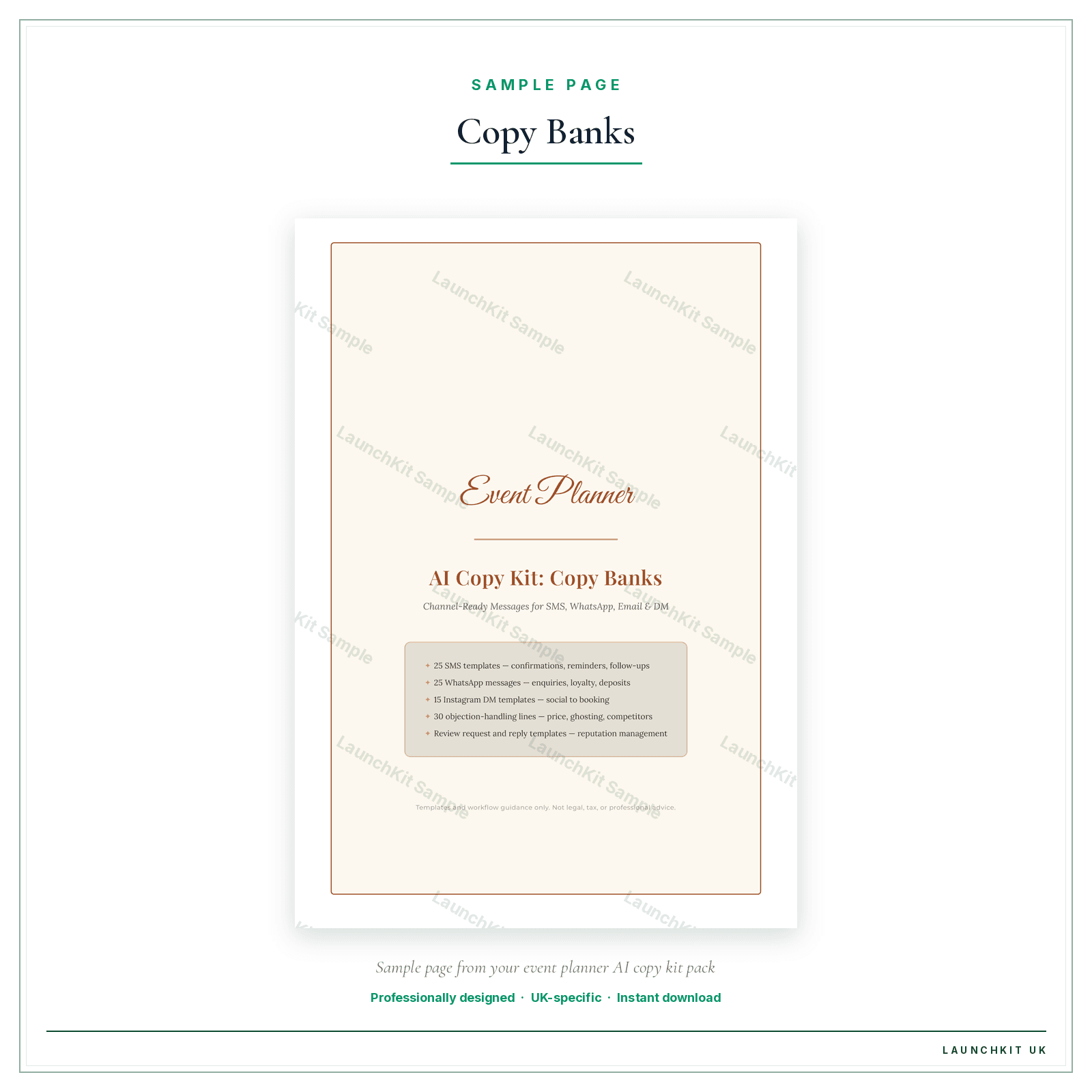 Copy Banks sample page from the Event Planner AI Copy Kit pack — watermarked LaunchKit Sample