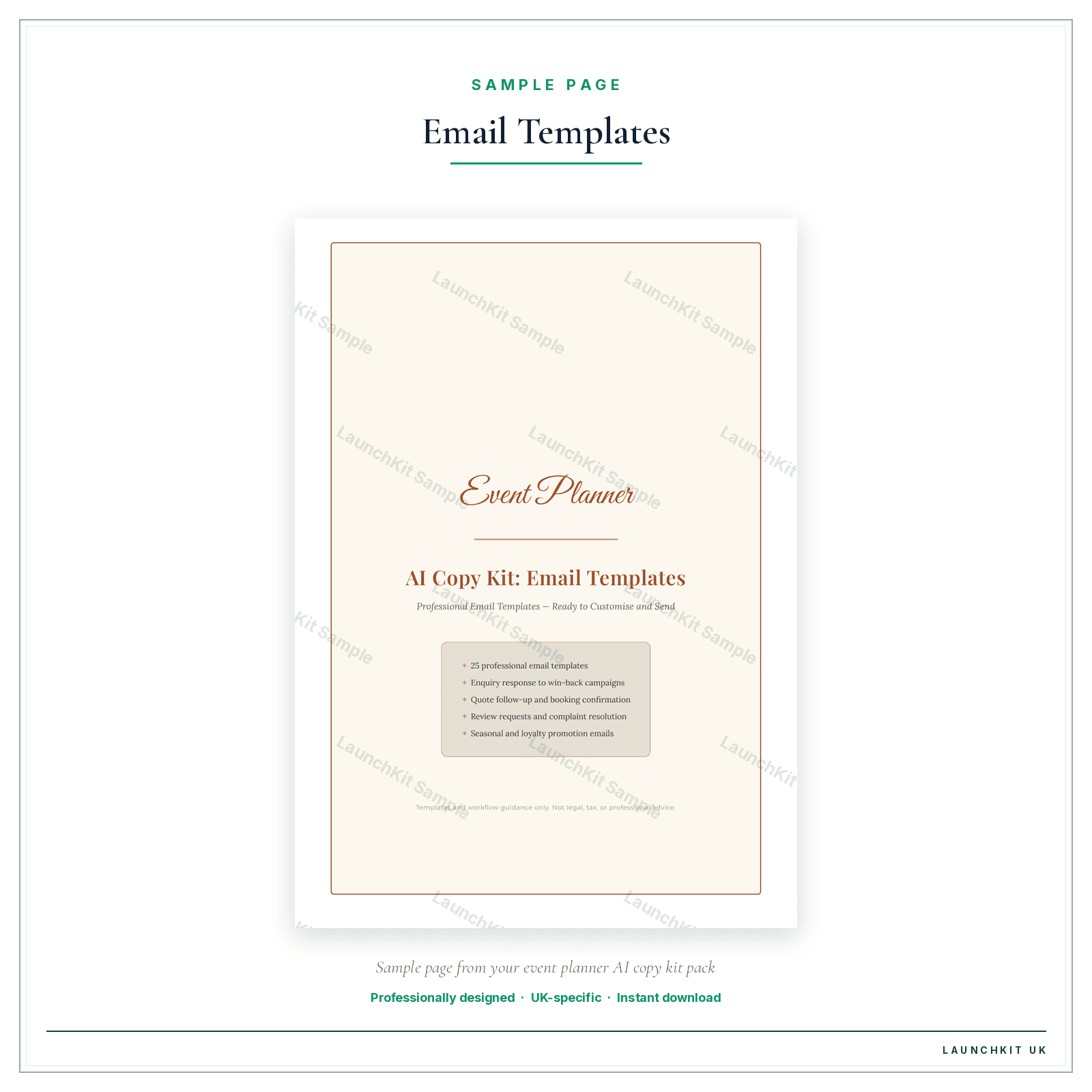 Email Templates sample page from the Event Planner AI Copy Kit pack — watermarked LaunchKit Sample
