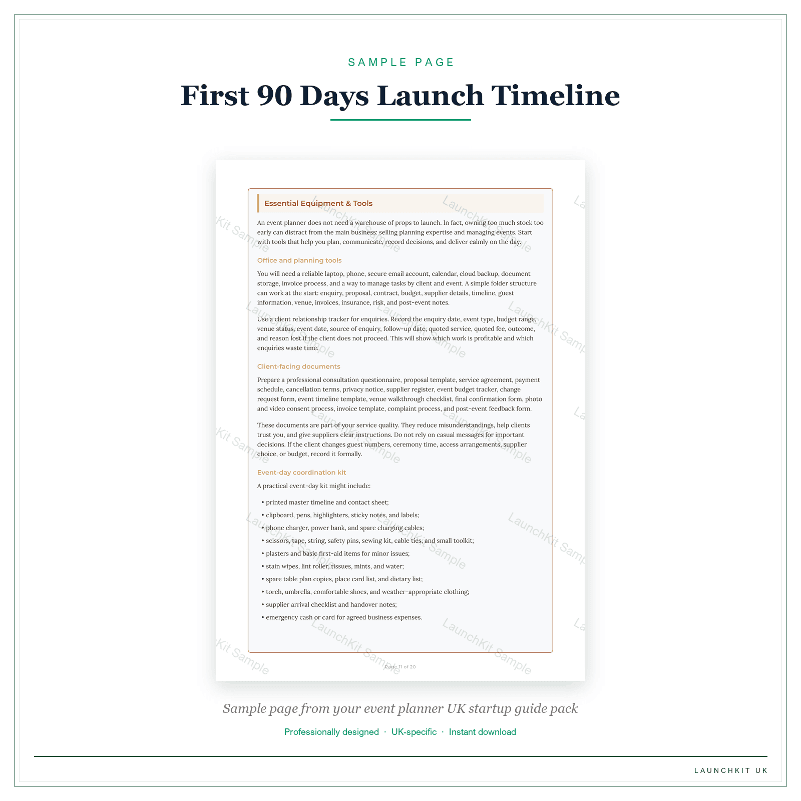 First 90 Days Launch Timeline sample page from the Event Planner Startup Guide pack — watermarked LaunchKit Sample