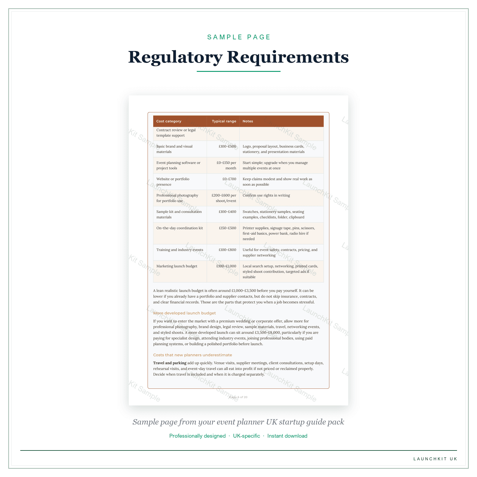 Regulatory Requirements sample page from the Event Planner Startup Guide pack — watermarked LaunchKit Sample